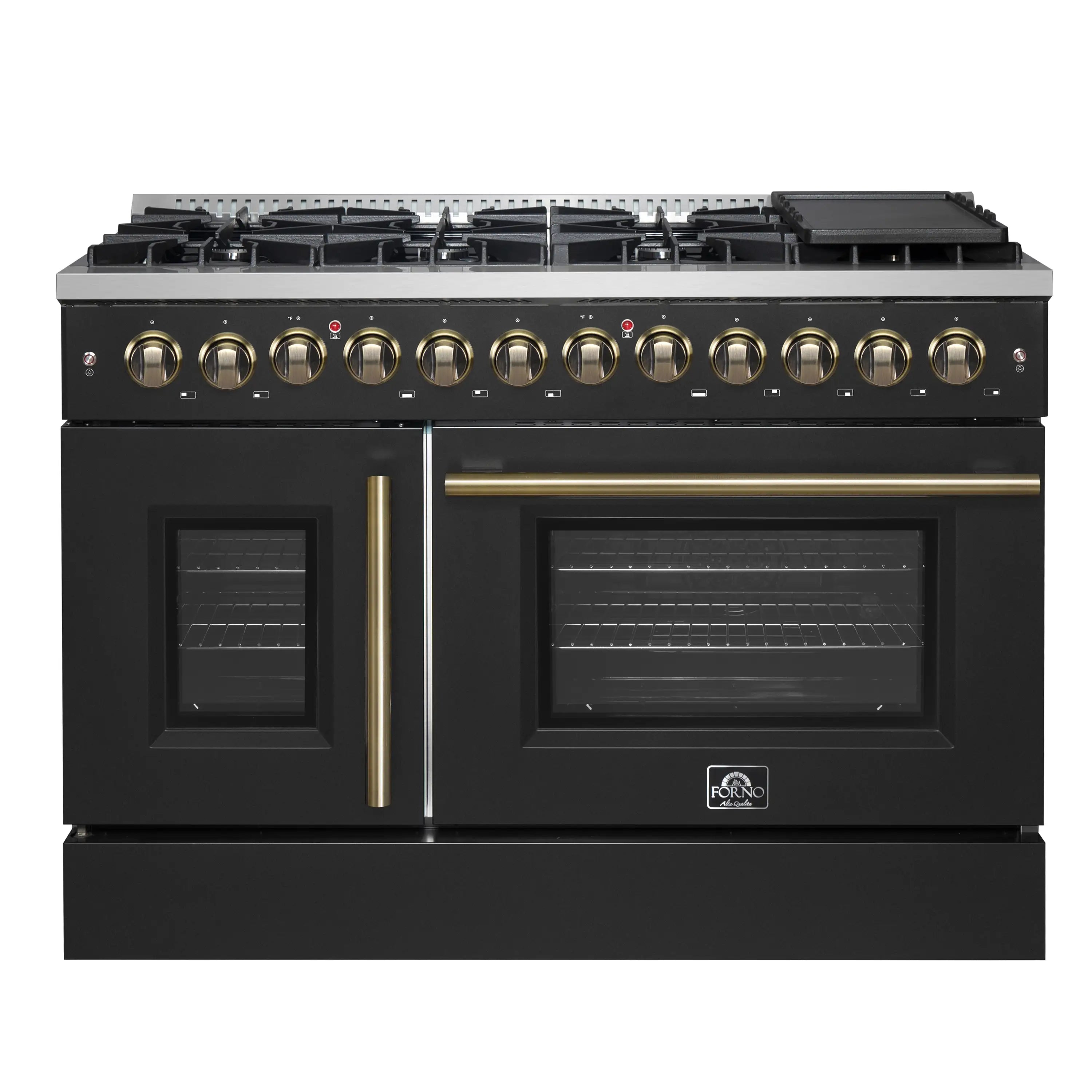 Black dual fuel range front view with open doors, brass-style handles, and control knobs
