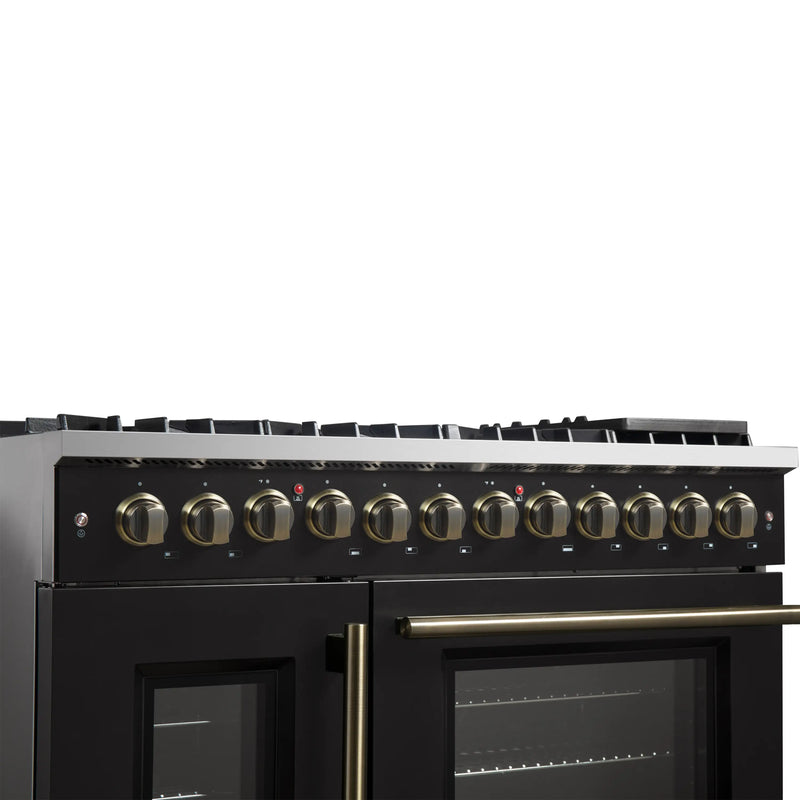 Forno Galiano 48-Inch French Door Dual Fuel Range with 8 Burners and 6.58 Cu. Ft. Electric Convection Oven in Black with Antique Brass Trim (FFSGS6356-48BLK)