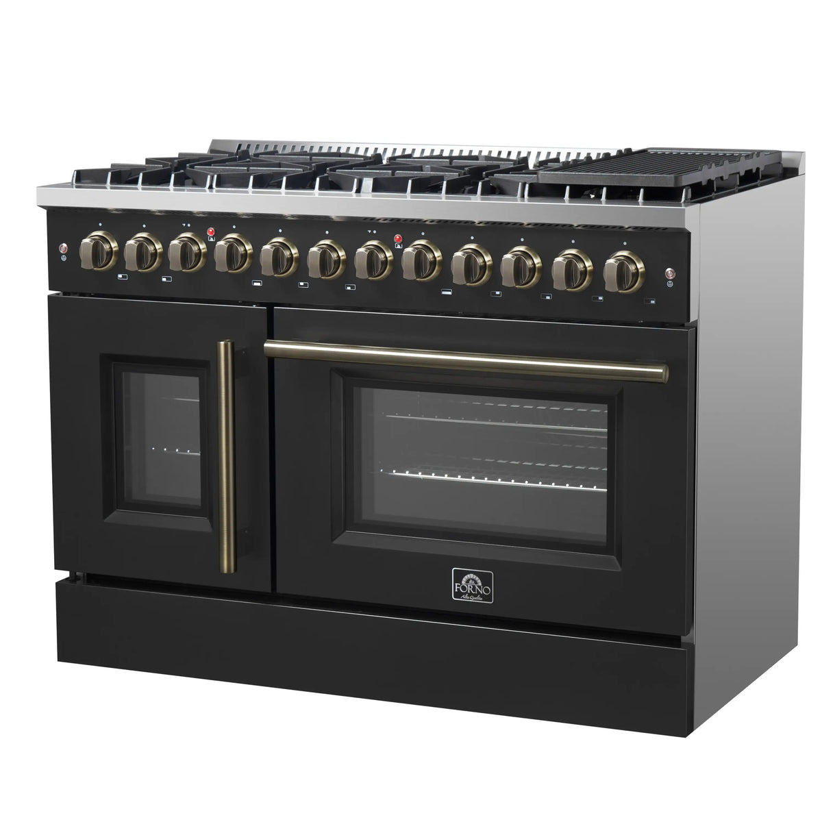 Black dual fuel range with French doors, gold brass knobs, and glass oven windows