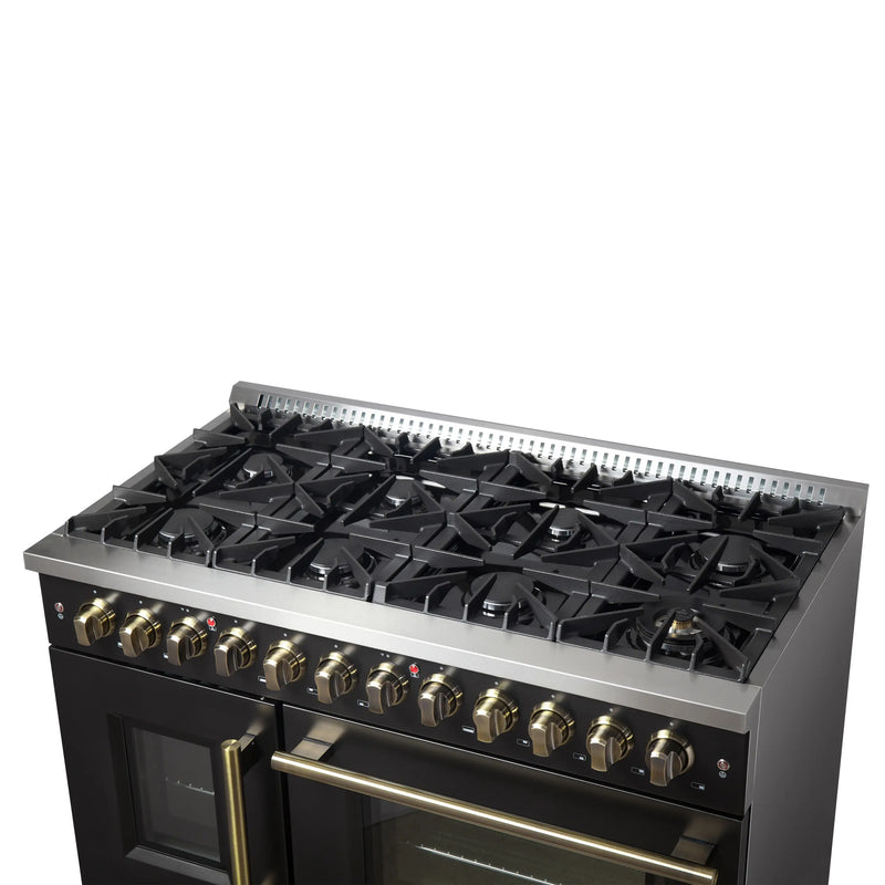 Forno Galiano 48-Inch French Door Dual Fuel Range with 8 Burners and 6.58 Cu. Ft. Electric Convection Oven in Black with Antique Brass Trim (FFSGS6356-48BLK)