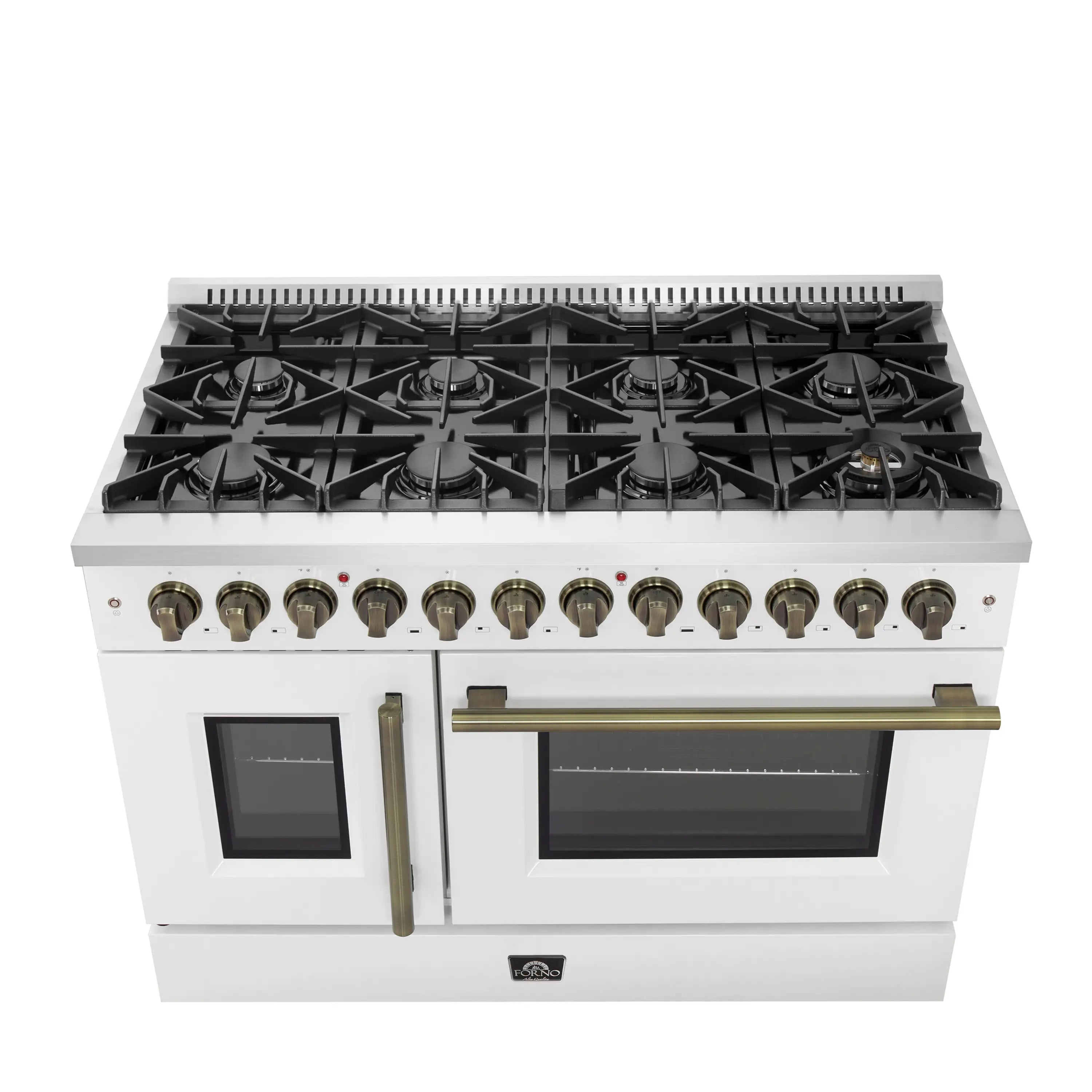 White dual fuel range with black grates, brass handle, and dual oven door windows