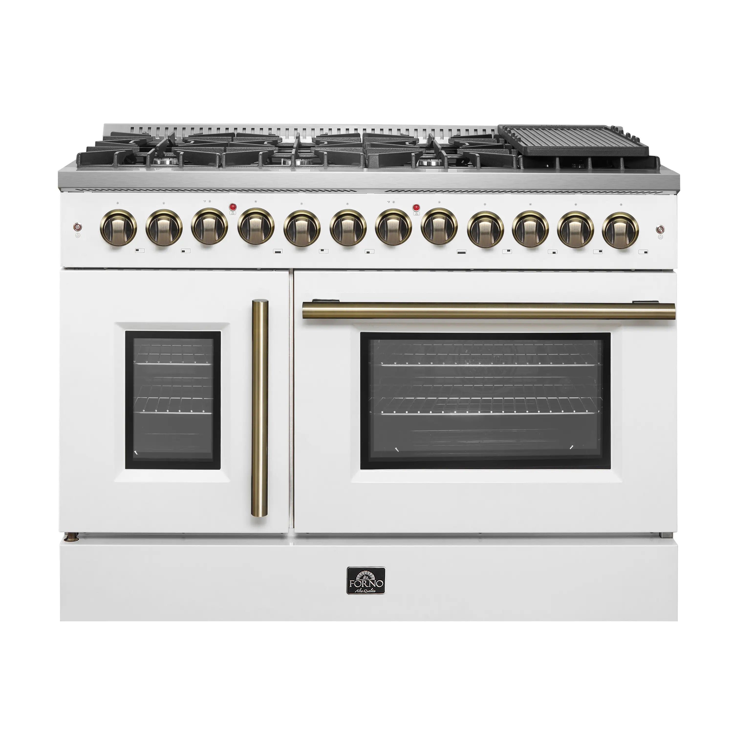 White dual fuel range with brass handle, dark oven door windows, and burner knobs