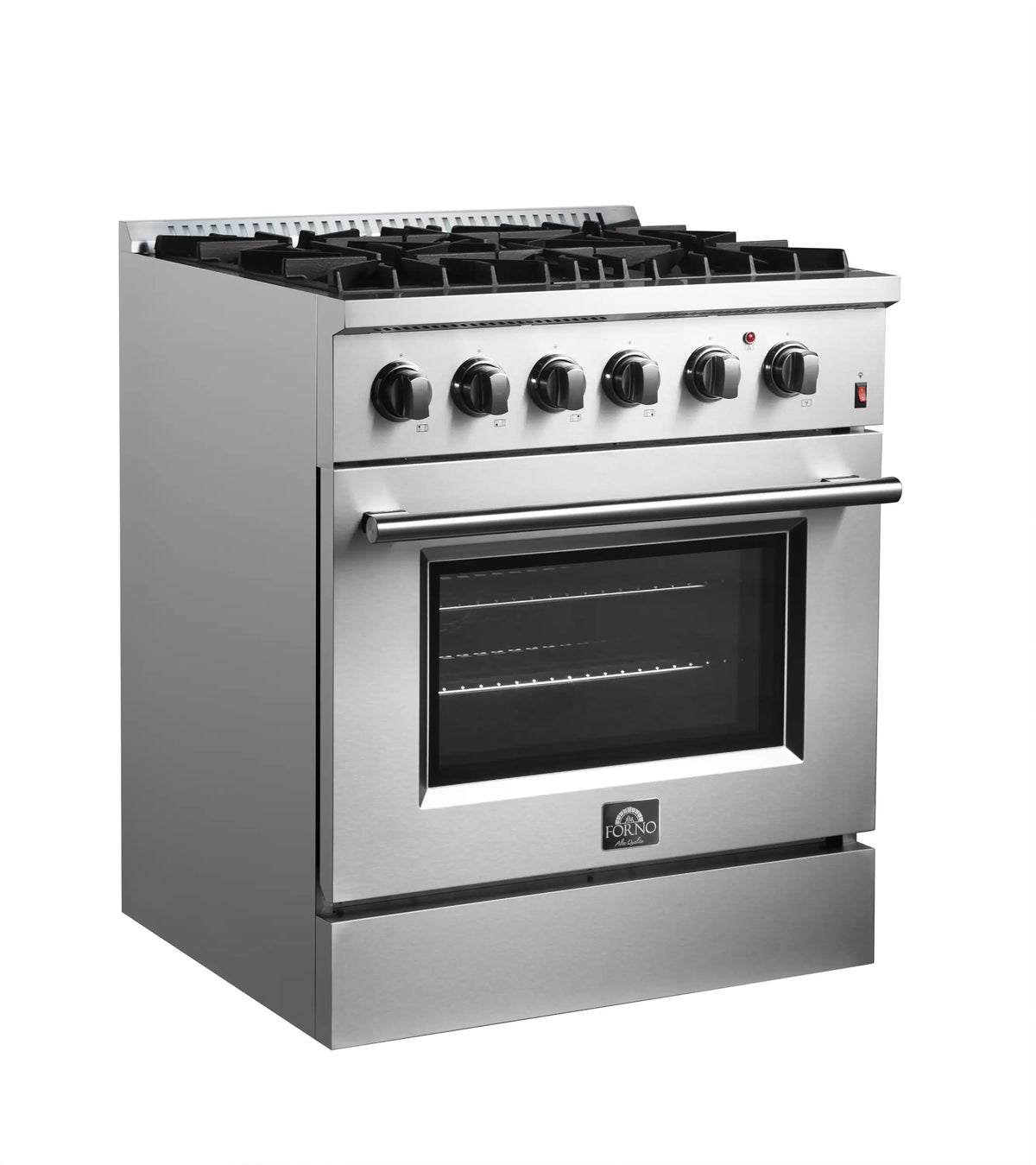 Stainless steel dual fuel range with four knobs and oven door, three-quarter view.