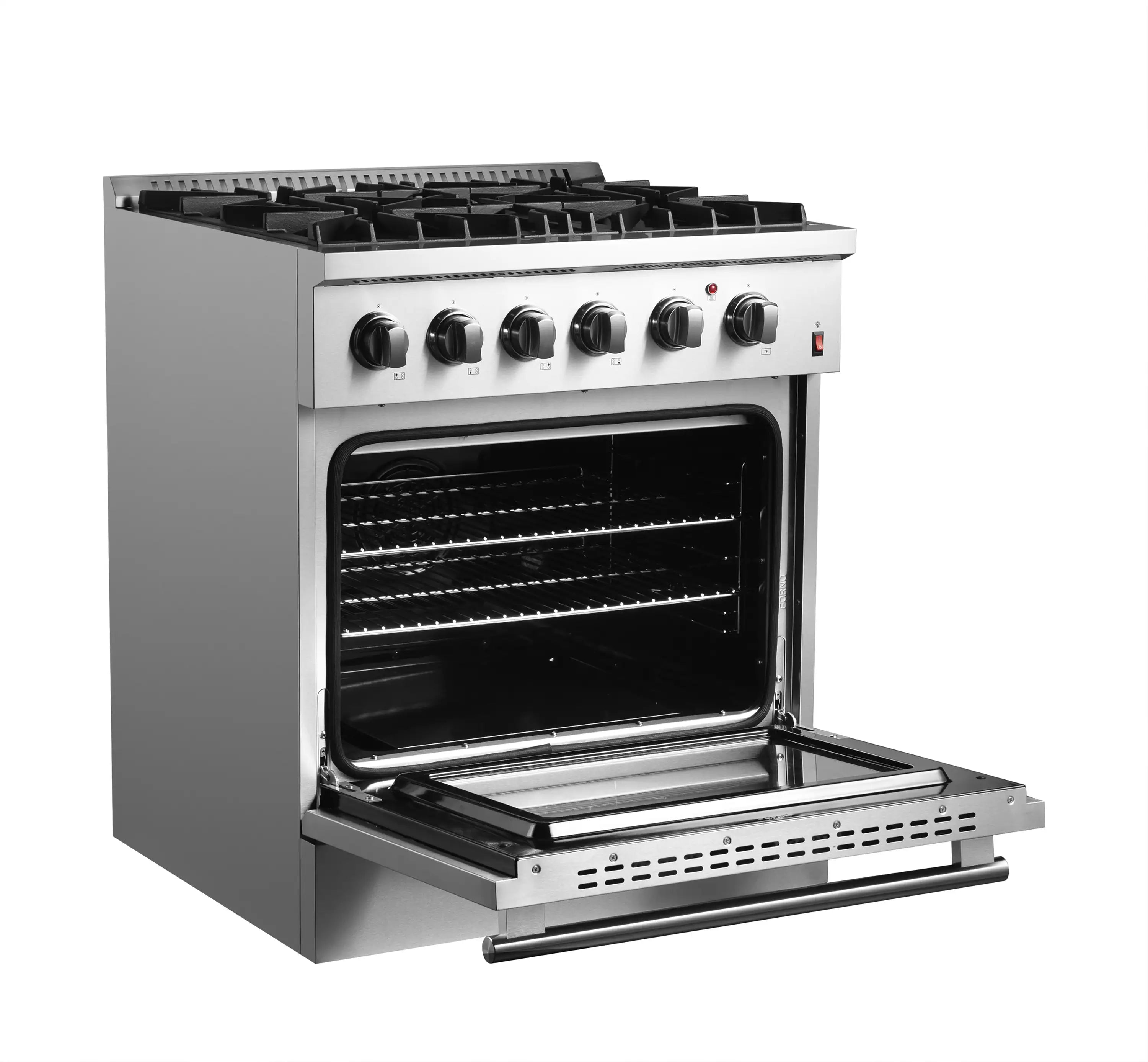 Stainless steel dual fuel range with open oven door and wire racks inside