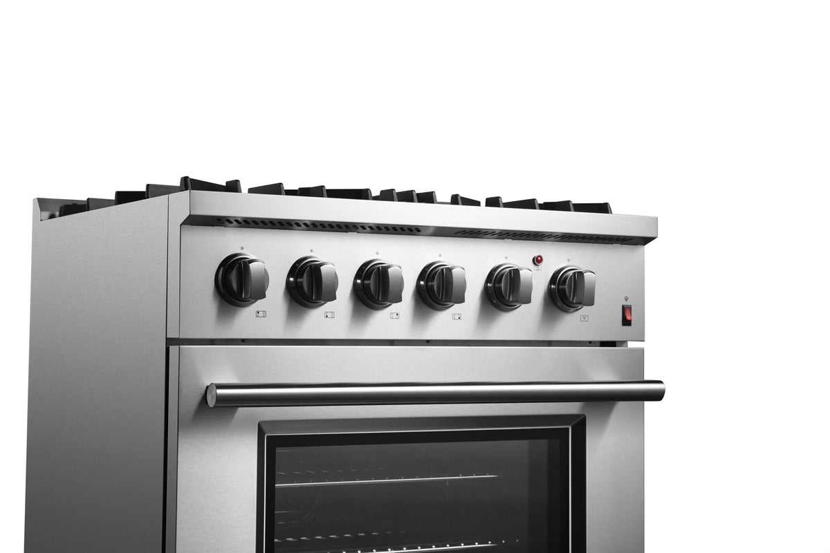 Stainless steel dual fuel range cooktop with six knobs and a small red indicator