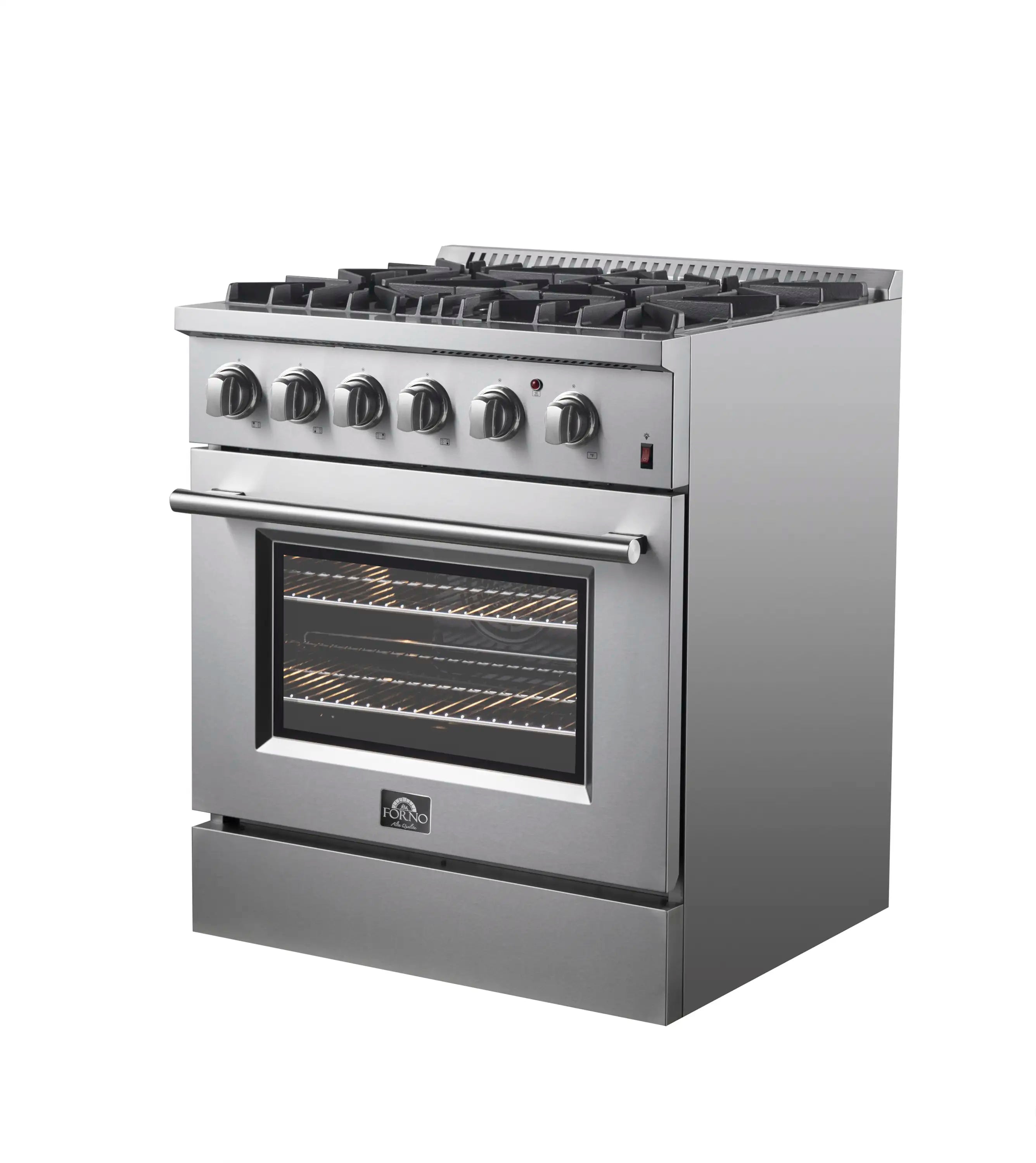 Stainless steel dual fuel range with four burners and lit oven window, side angle view.