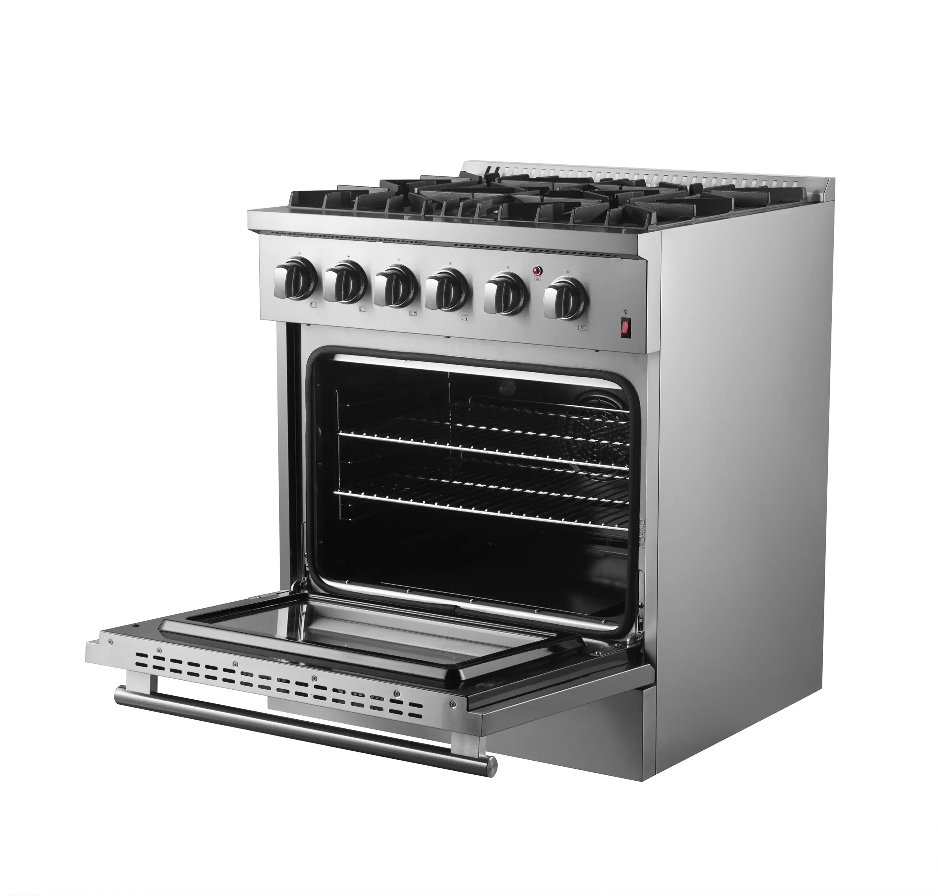 Stainless steel dual fuel range with open oven door, grill rack, and four burners