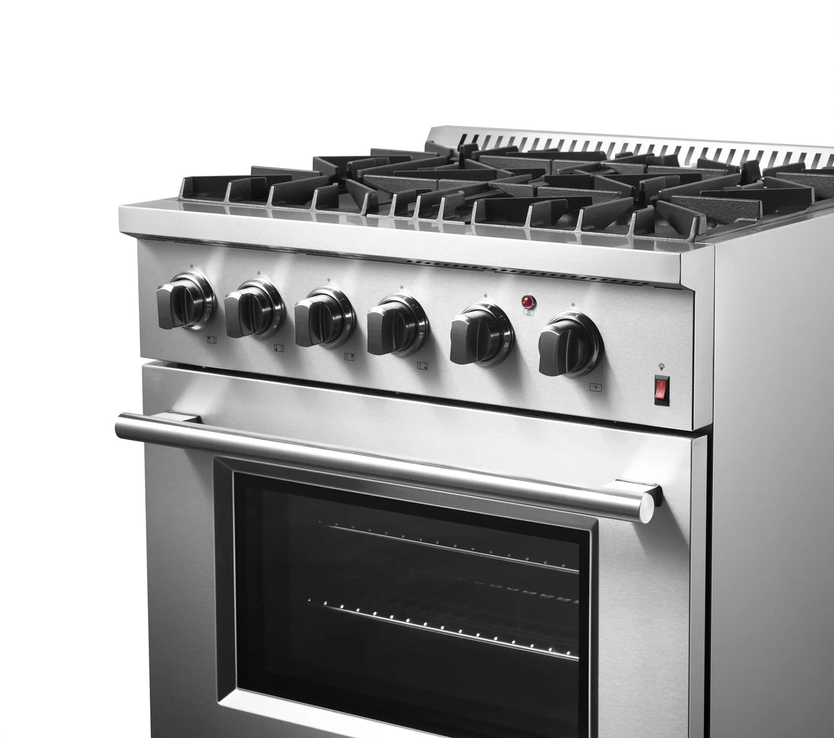 Stainless steel dual fuel range control panel with four burner knobs and oven window.