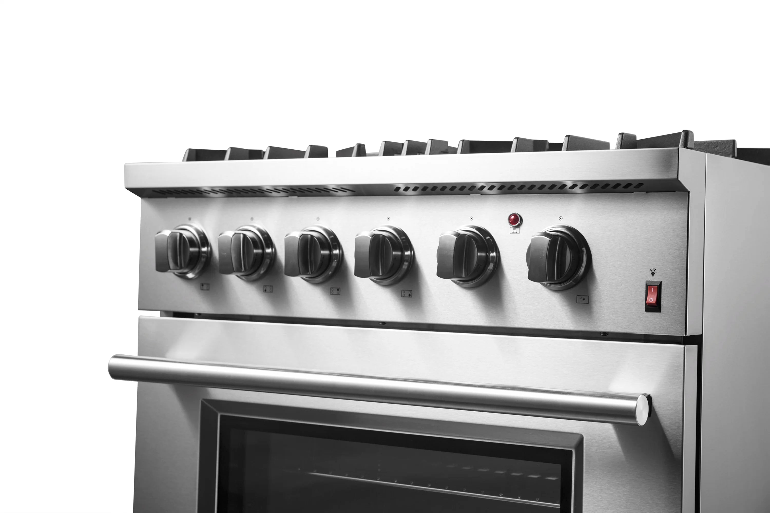 Stainless steel range control panel with multiple front knobs and black burner grates