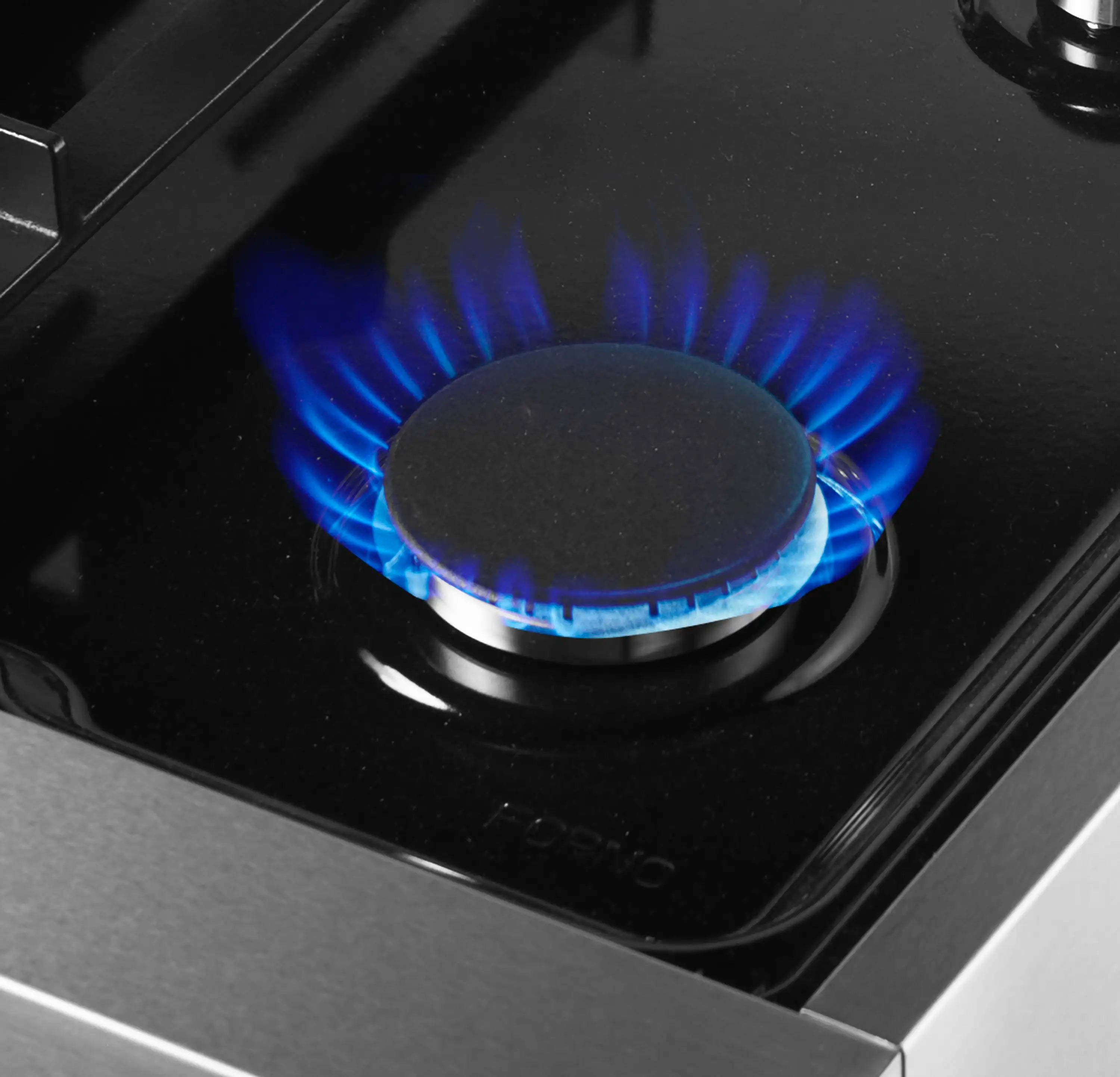 Stainless steel gas burner with blue flame on dual fuel range cooktop.
