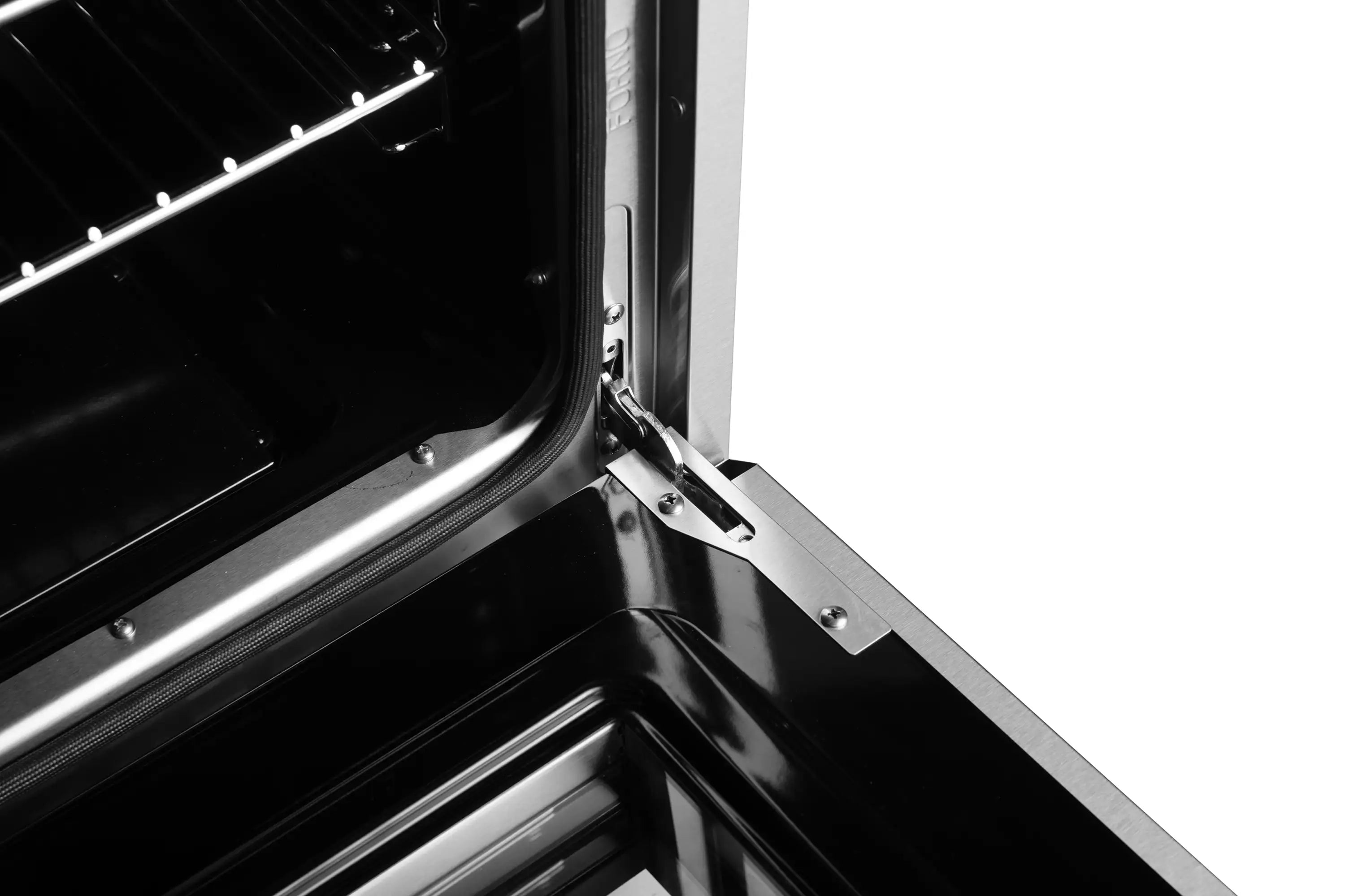 Dual fuel range oven door open showing black oven cavity and stainless rails.