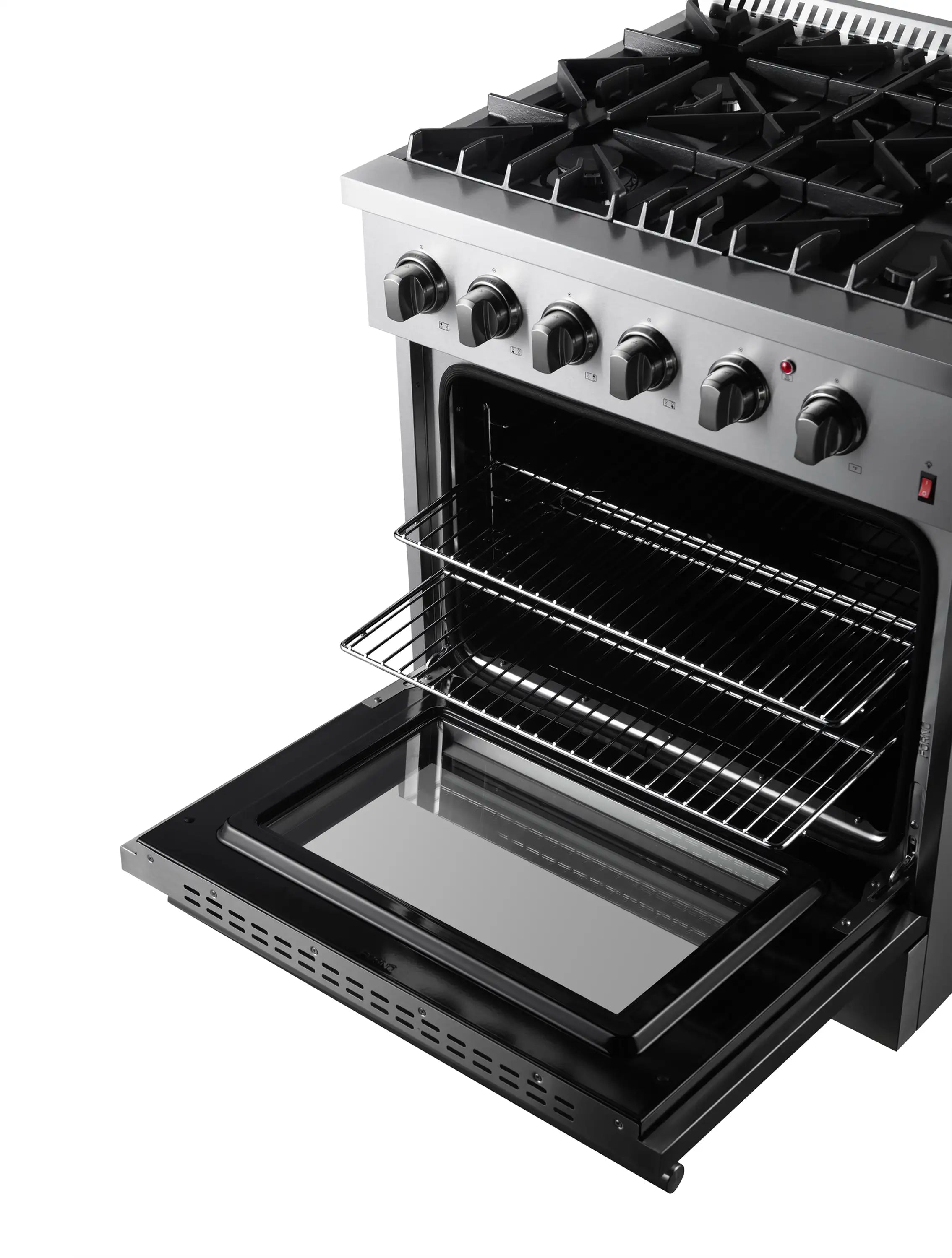 Dual fuel range oven door open showing wire rack and black enamel interior.