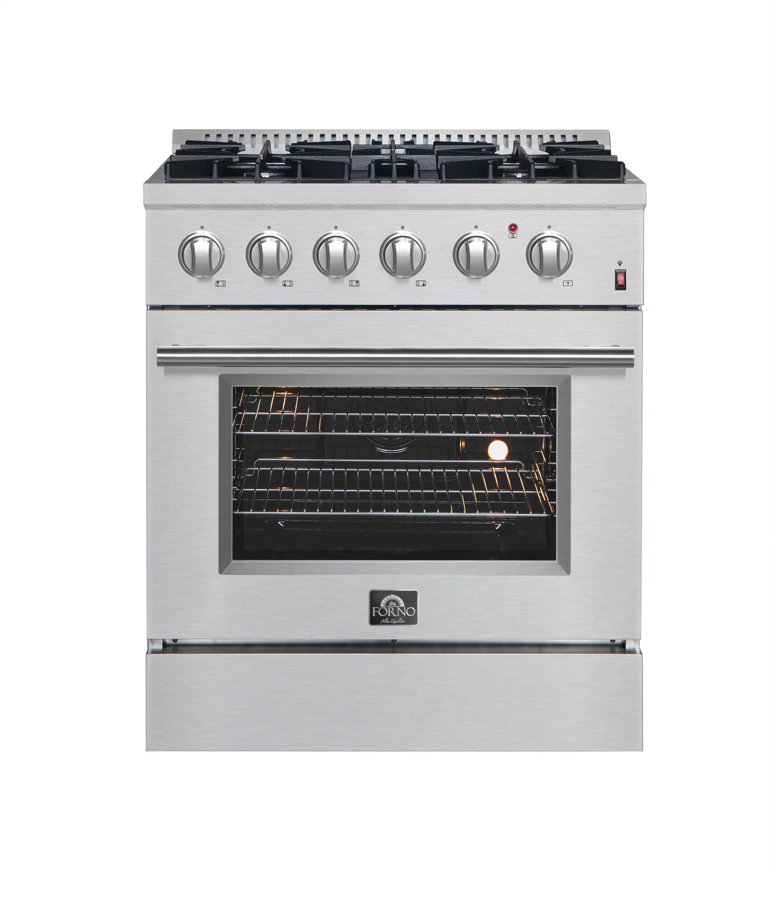 Stainless steel dual fuel range with closed oven door window and four burner knobs