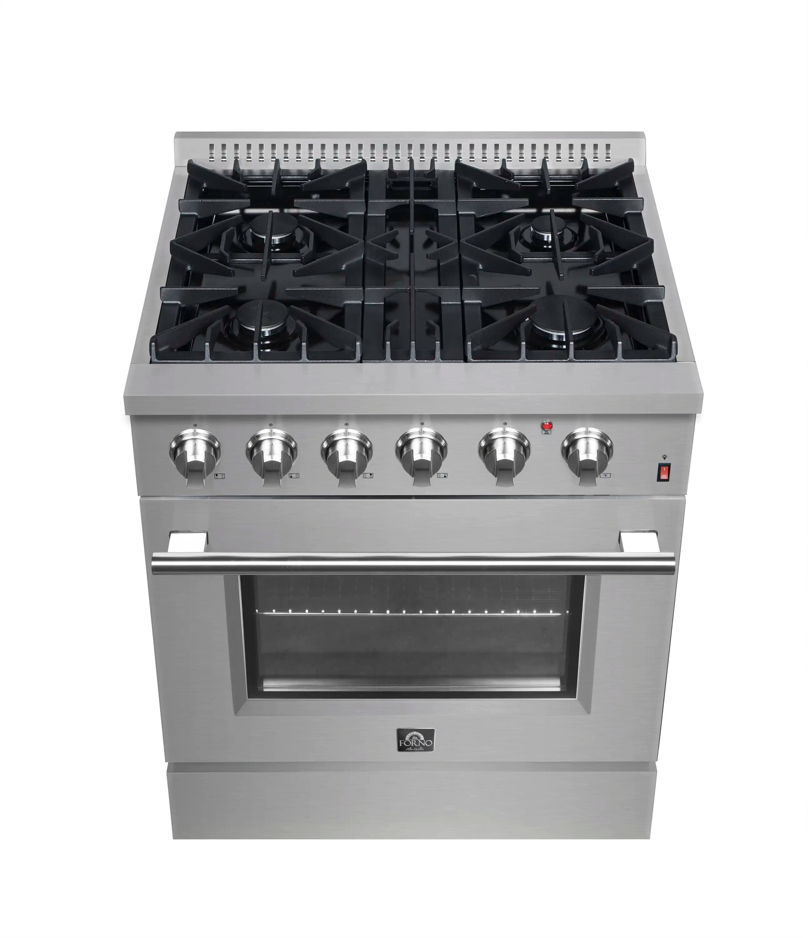 Stainless steel dual fuel range with four gas burners and oven door in front view.