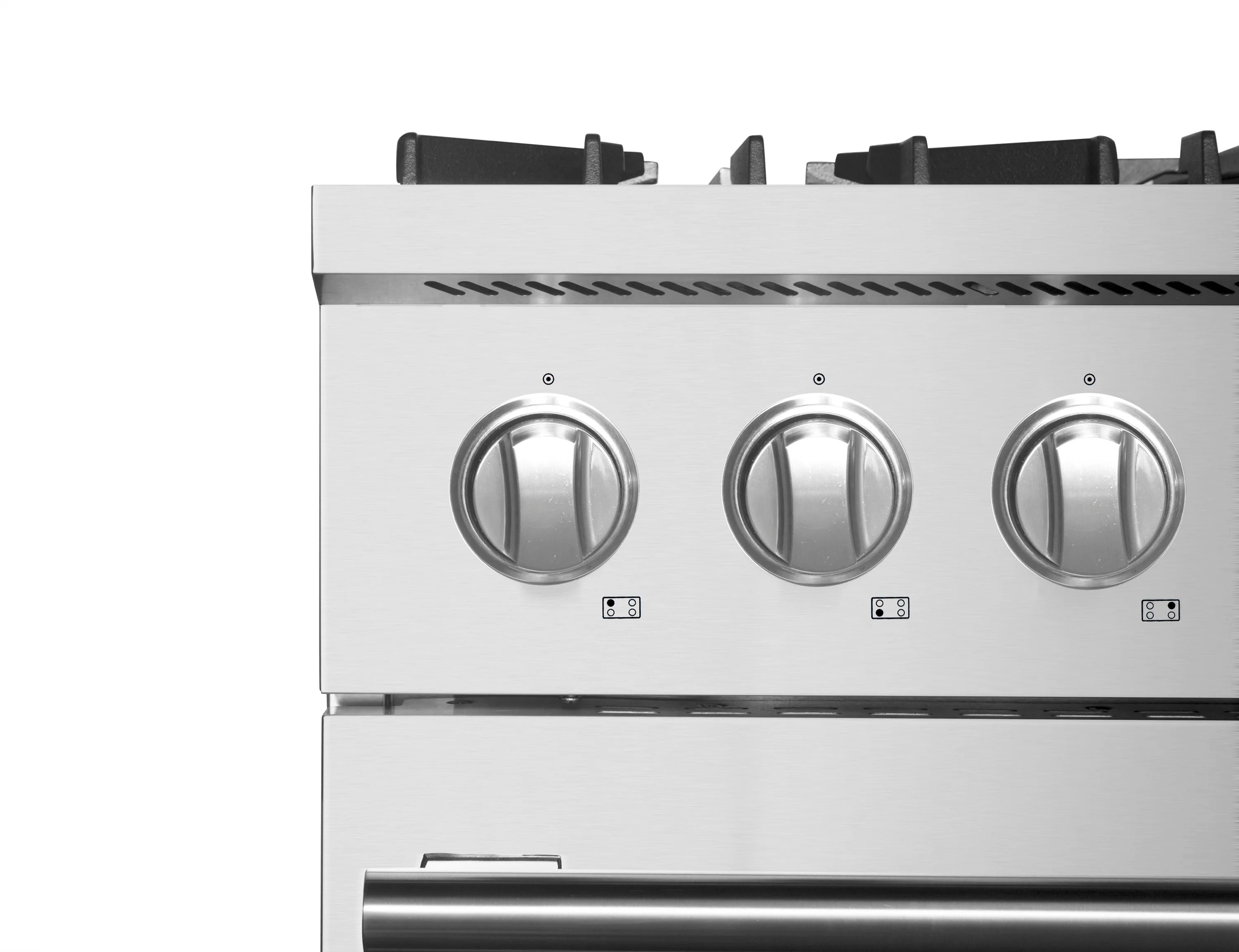 Stainless steel range control panel with three large knobs and small red indicator