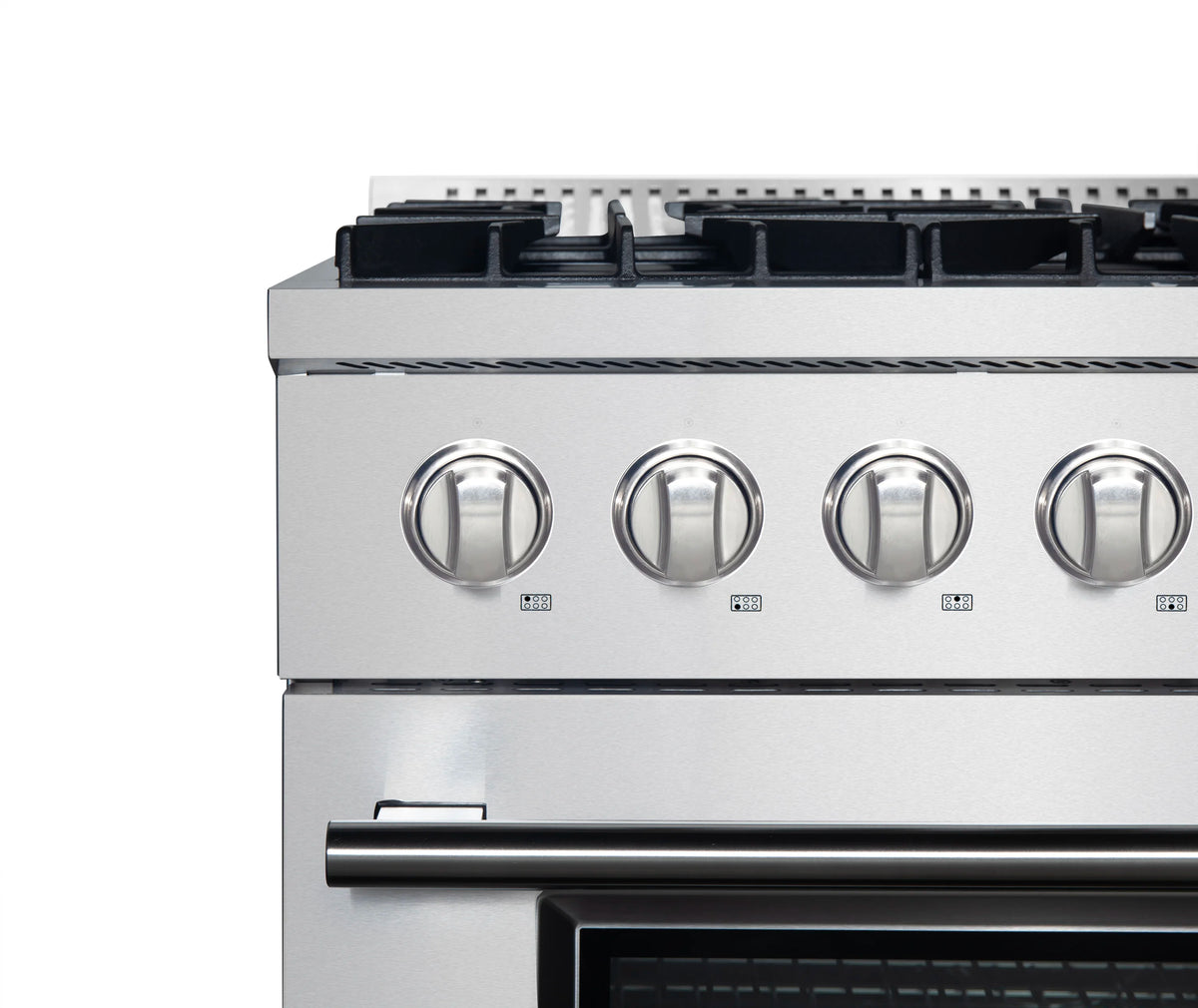 Stainless steel range front panel with four front control knobs and top burner grates