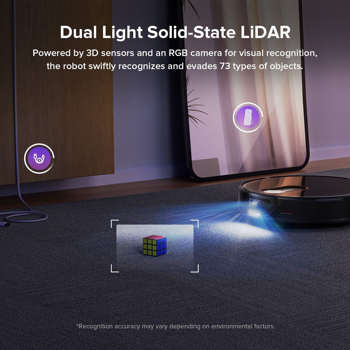 Robot vacuum with front sensor turret navigating around obstacles on a floor
