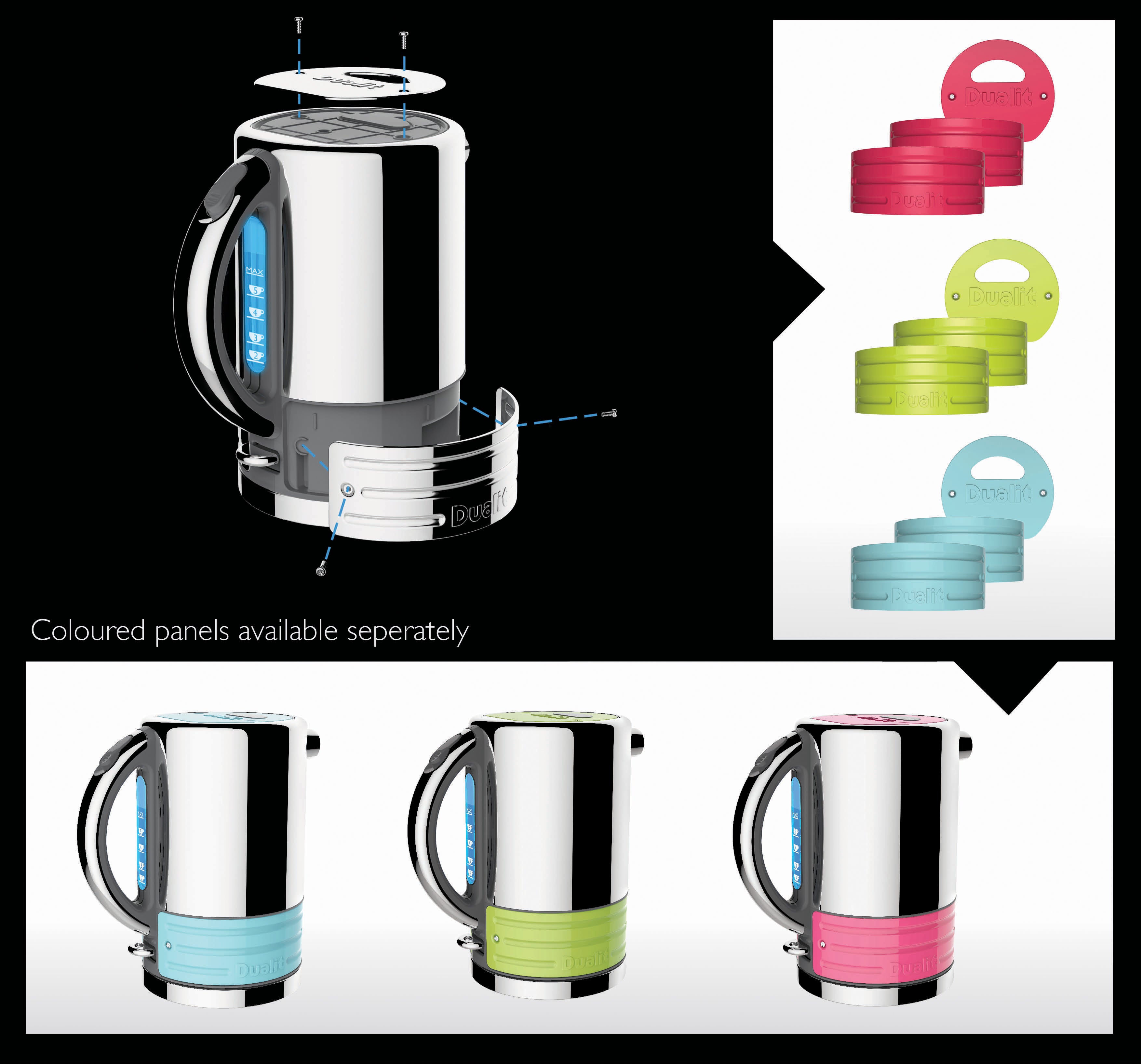 Stainless steel electric kettle with colored interchangeable panel options shown