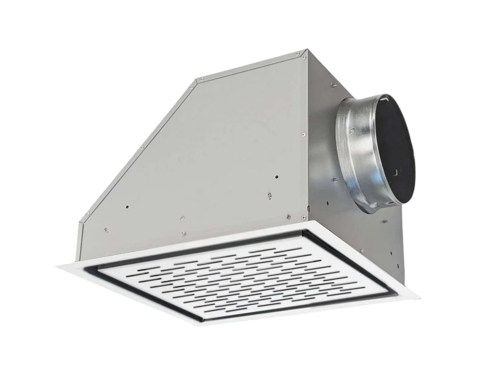 Gray ceiling duct recirculation housing with round outlet and vent grille