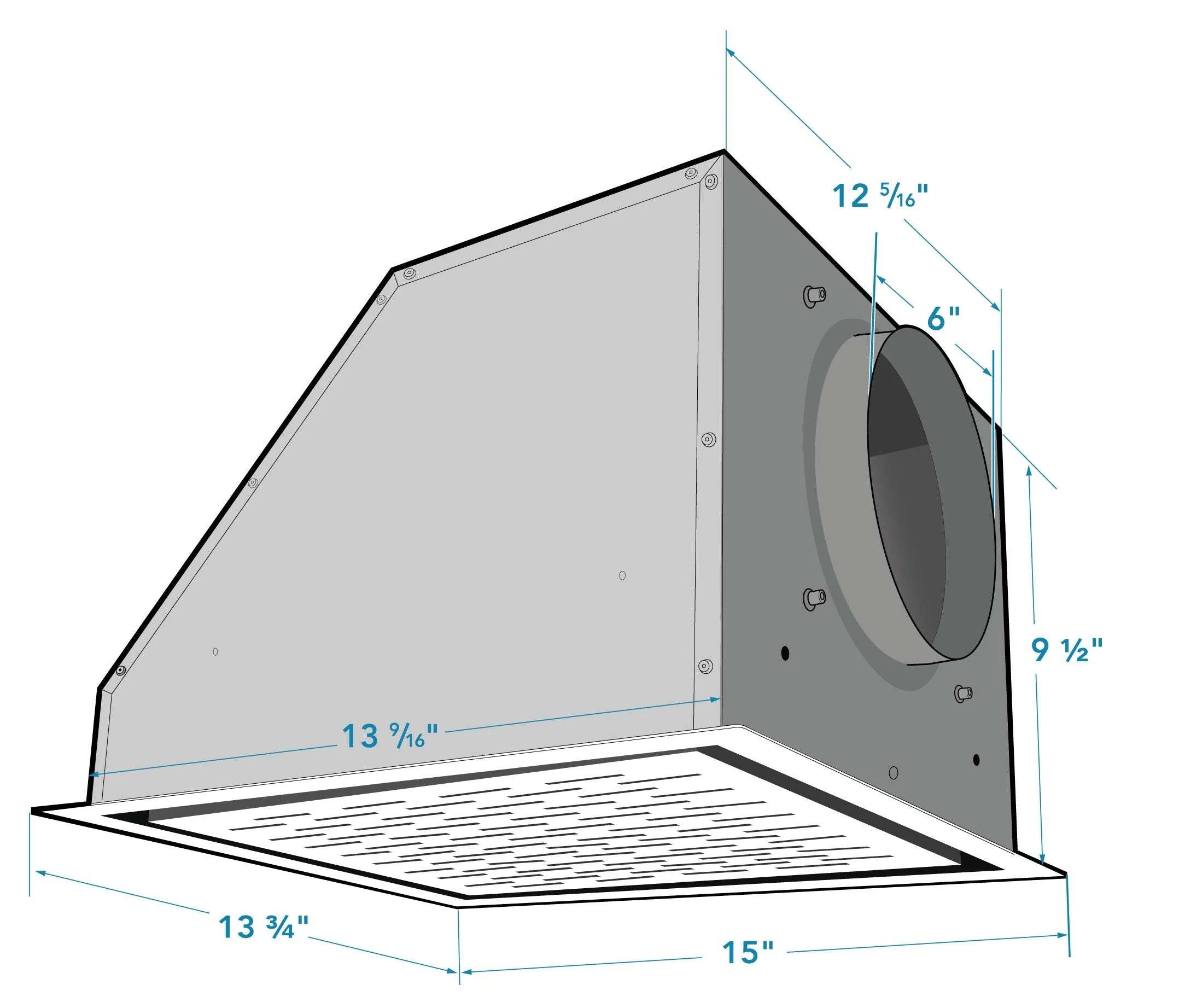 6-inch ceiling recirculation duct housing with labeled dimensions diagram