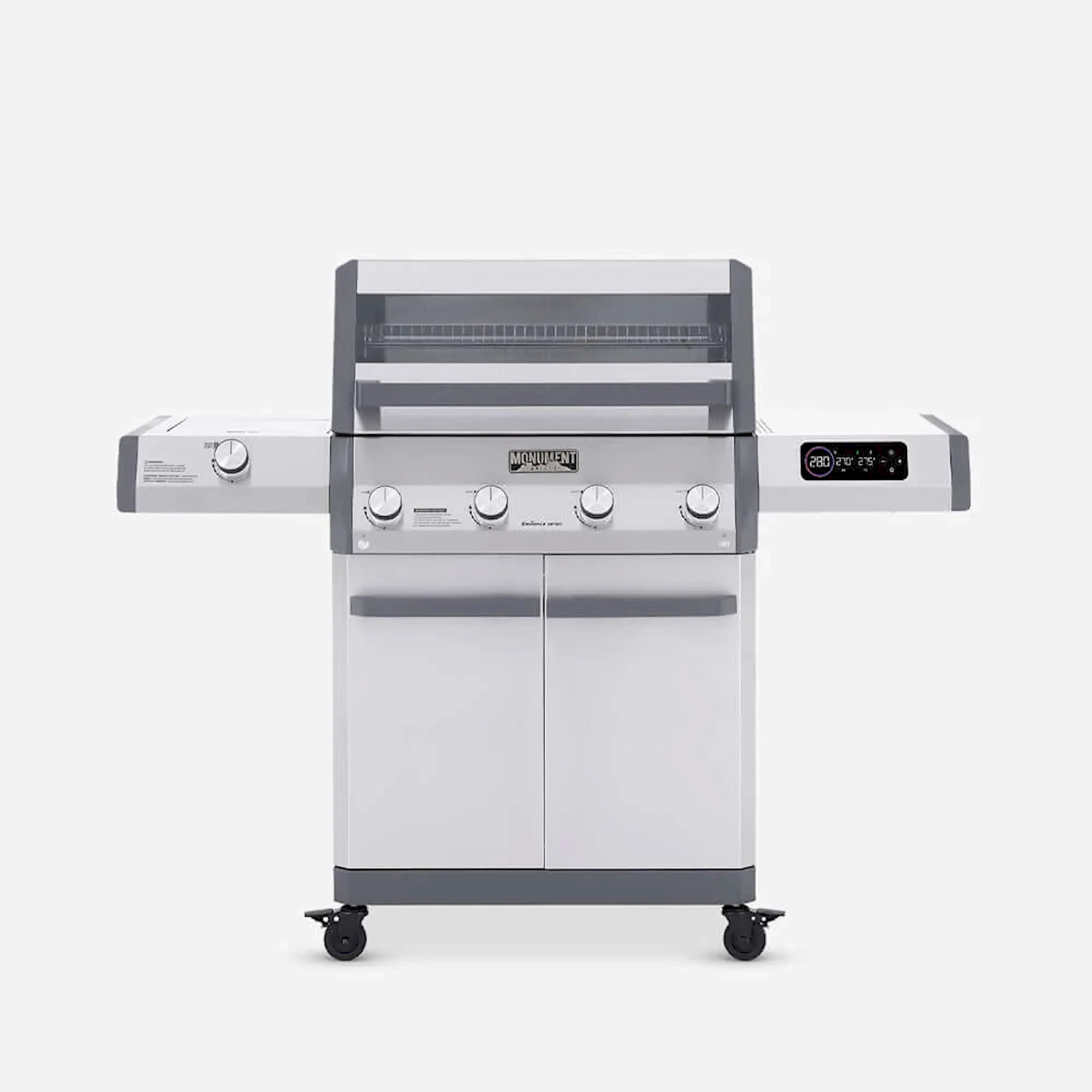 Stainless steel 4-burner propane grill with control knobs and side trays