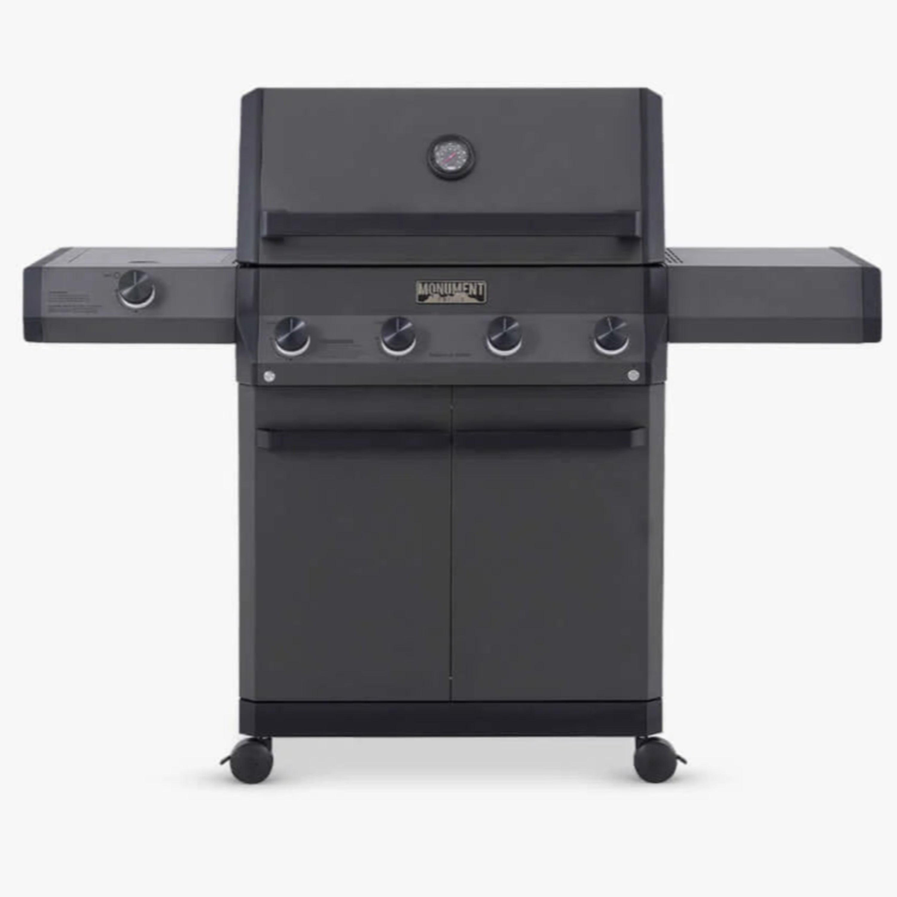 Monument 4-burner propane gas grill, black powder-coated body and side shelf