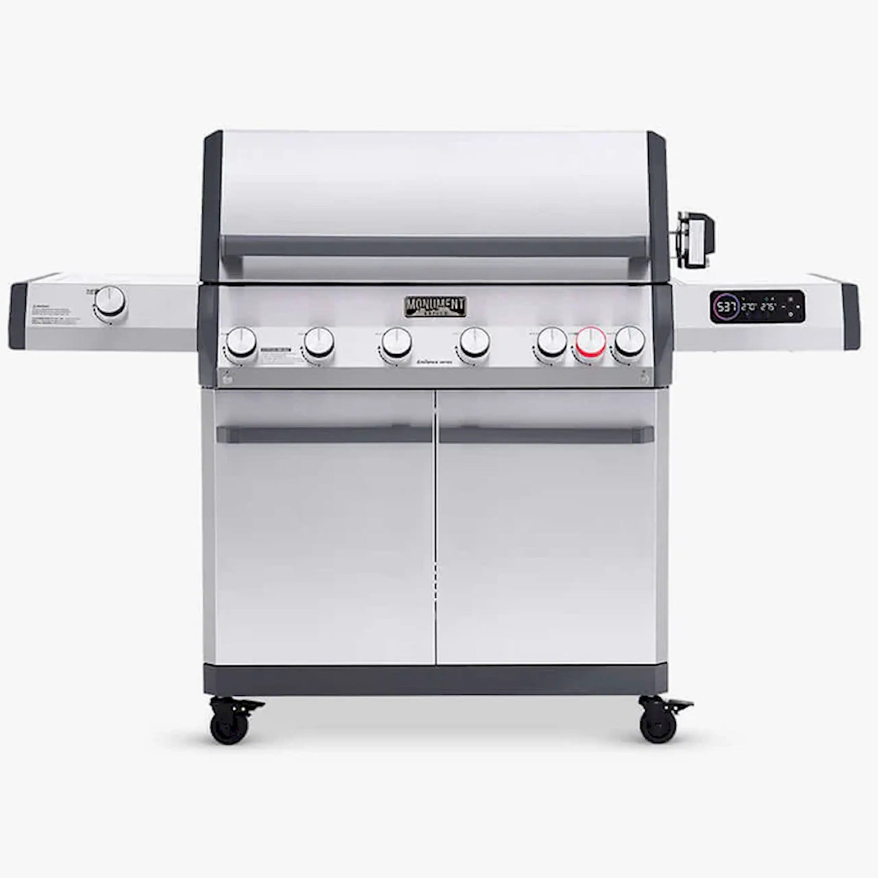 Stainless steel gas grill with 6 burners, front control knobs, side shelf, cart base
