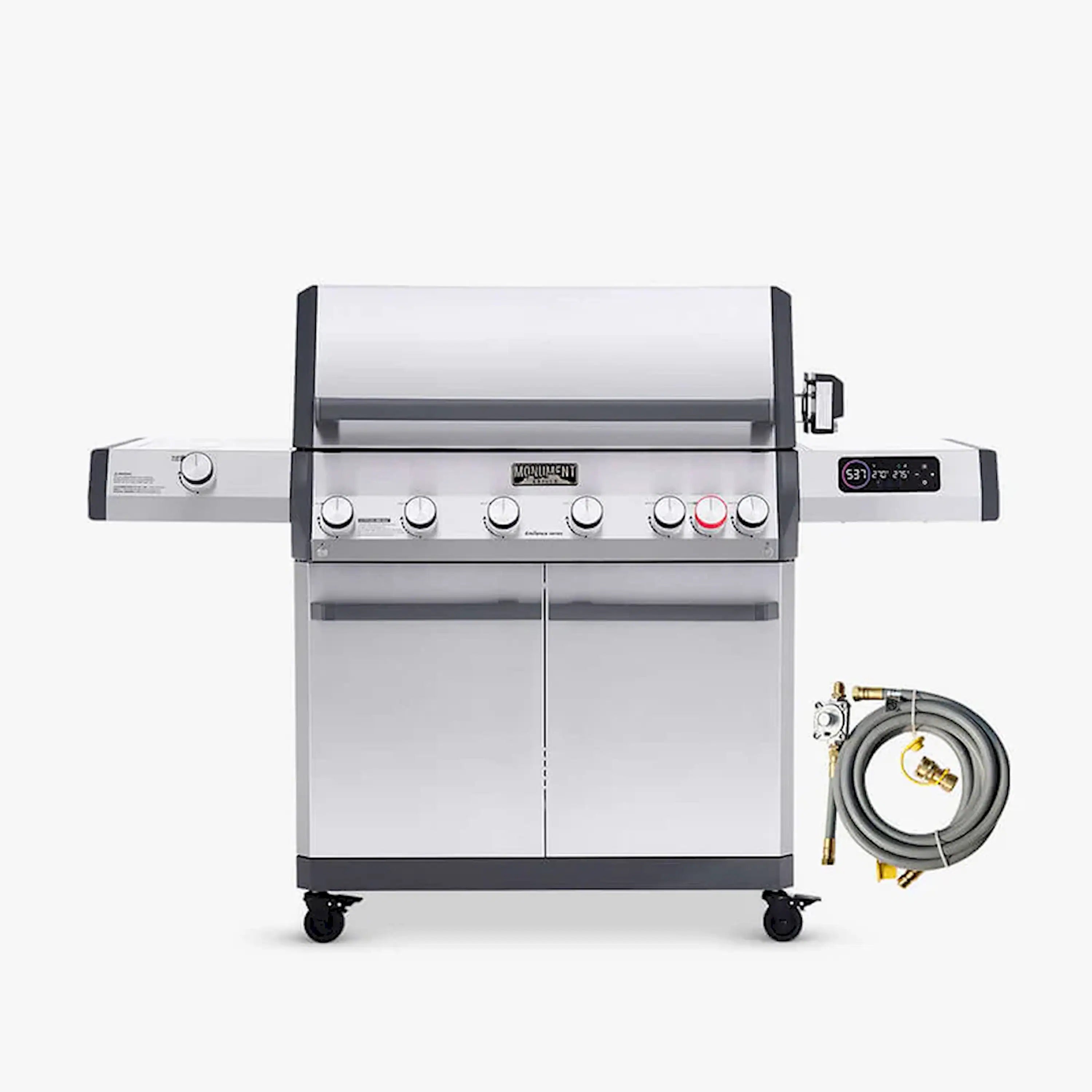 Stainless steel gas grill with lid closed, control knobs, and propane tank storage