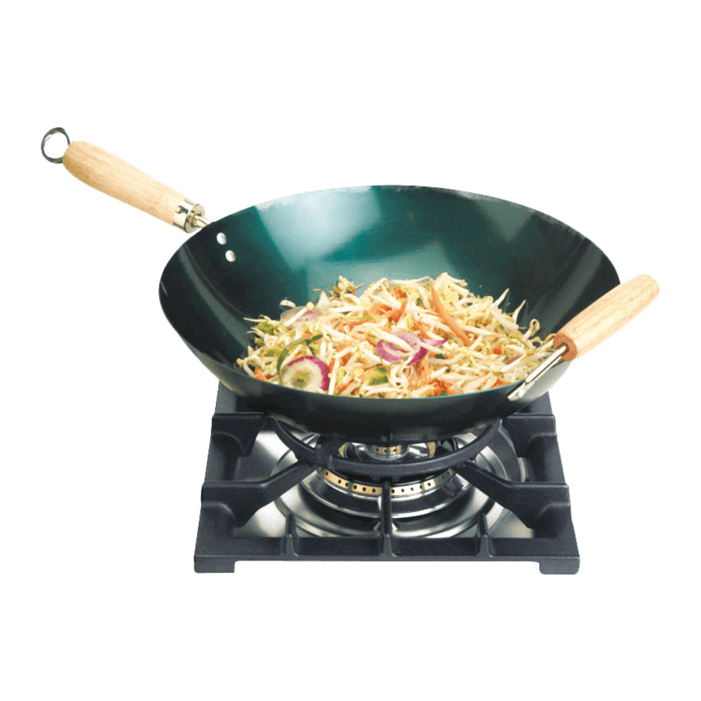 Cast iron wok support ring with two light wood handles