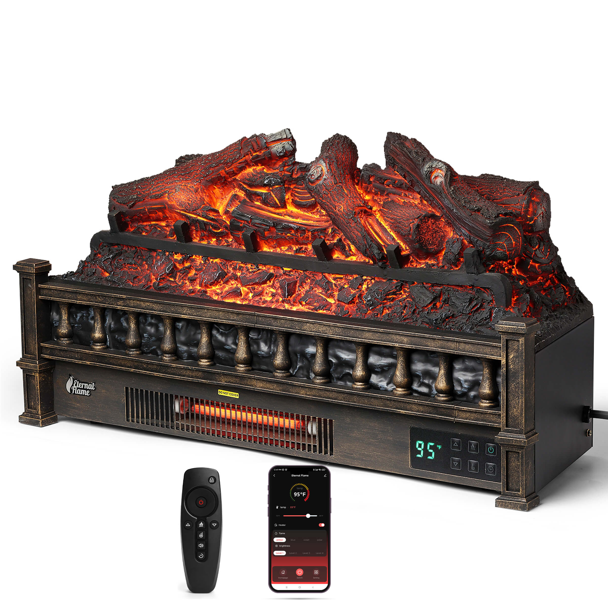 Black electric fireplace logs with ember glow, remote and WiFi app screen