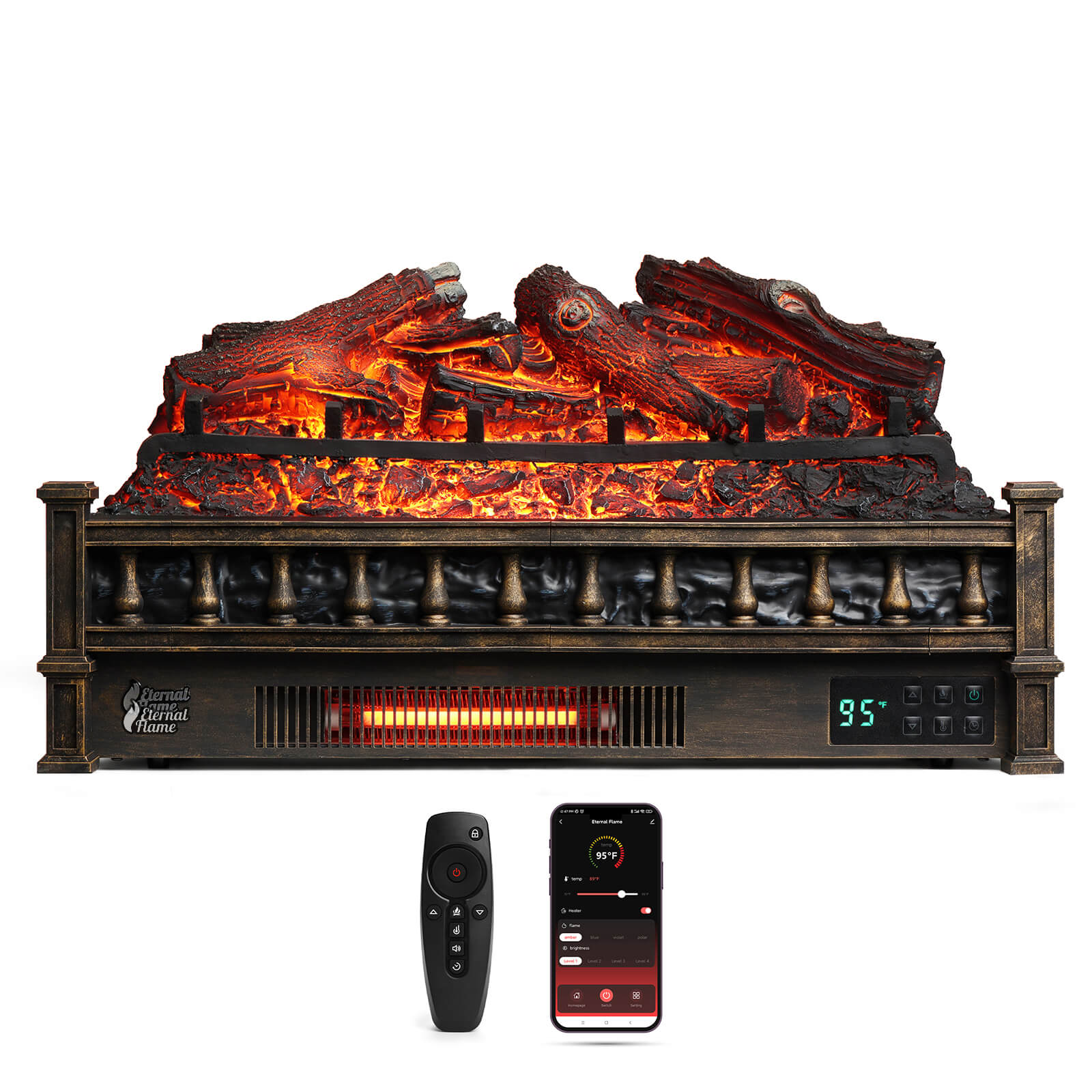 Black electric fireplace logs with ember glow, front controls, remote and phone app