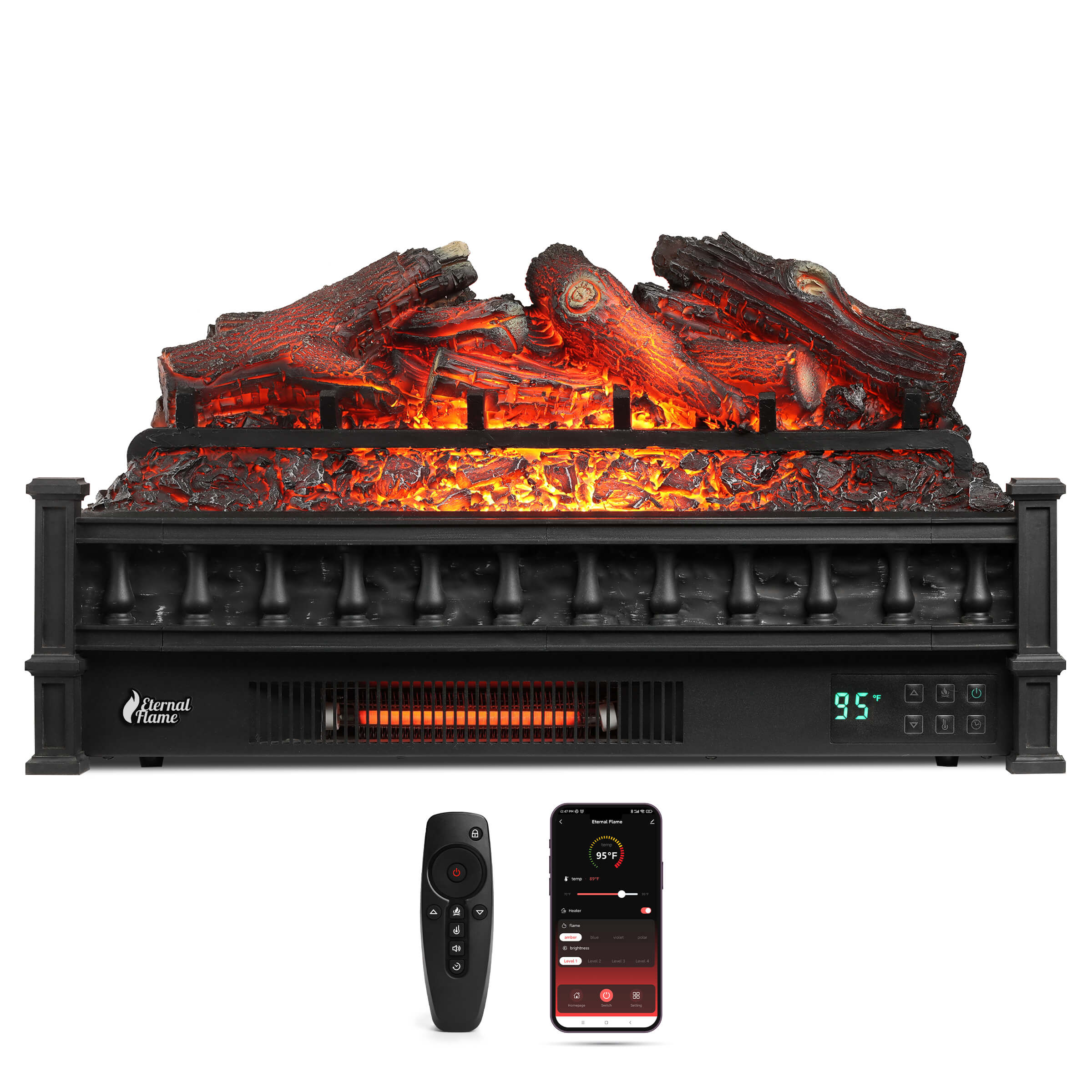 Black electric fireplace with glowing log set, front control panel, remote and app