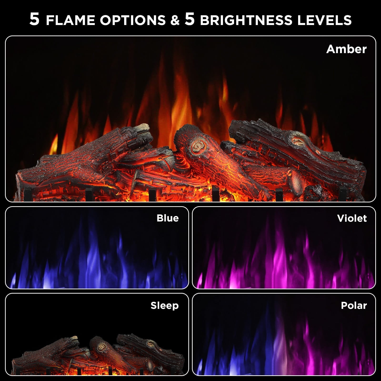 Electric fireplace log set with multiple flame colors—amber, blue, violet, sleep, polar