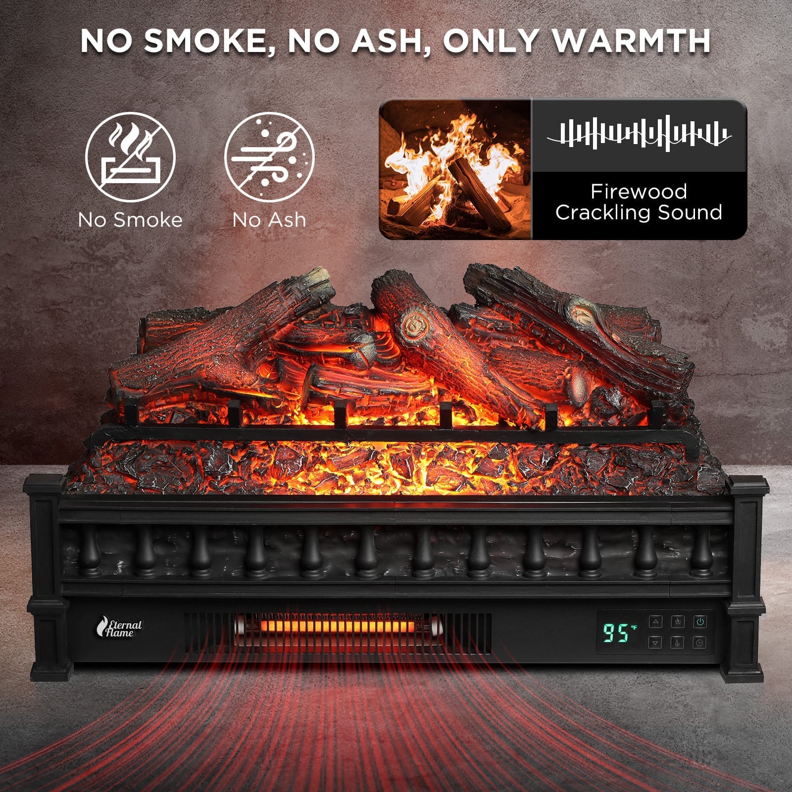 Black electric fireplace logs with bright ember glow and control panel reading 95°