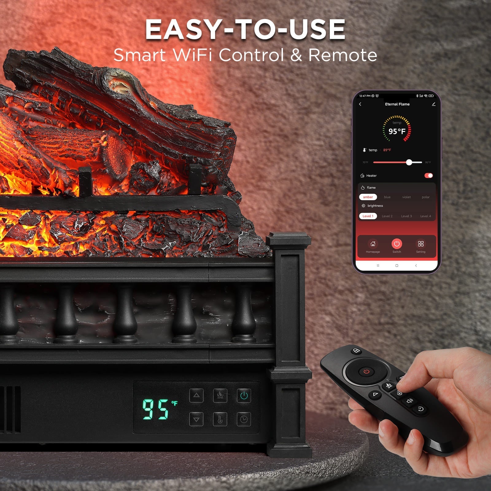 Black electric fireplace logs with remote and smartphone app for WiFi control
