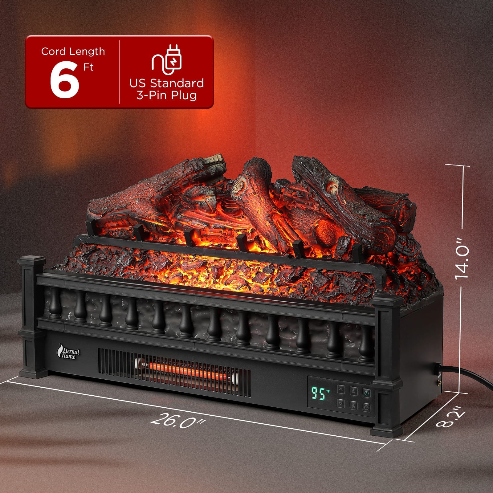 Black electric fireplace with glowing log set and front panel display