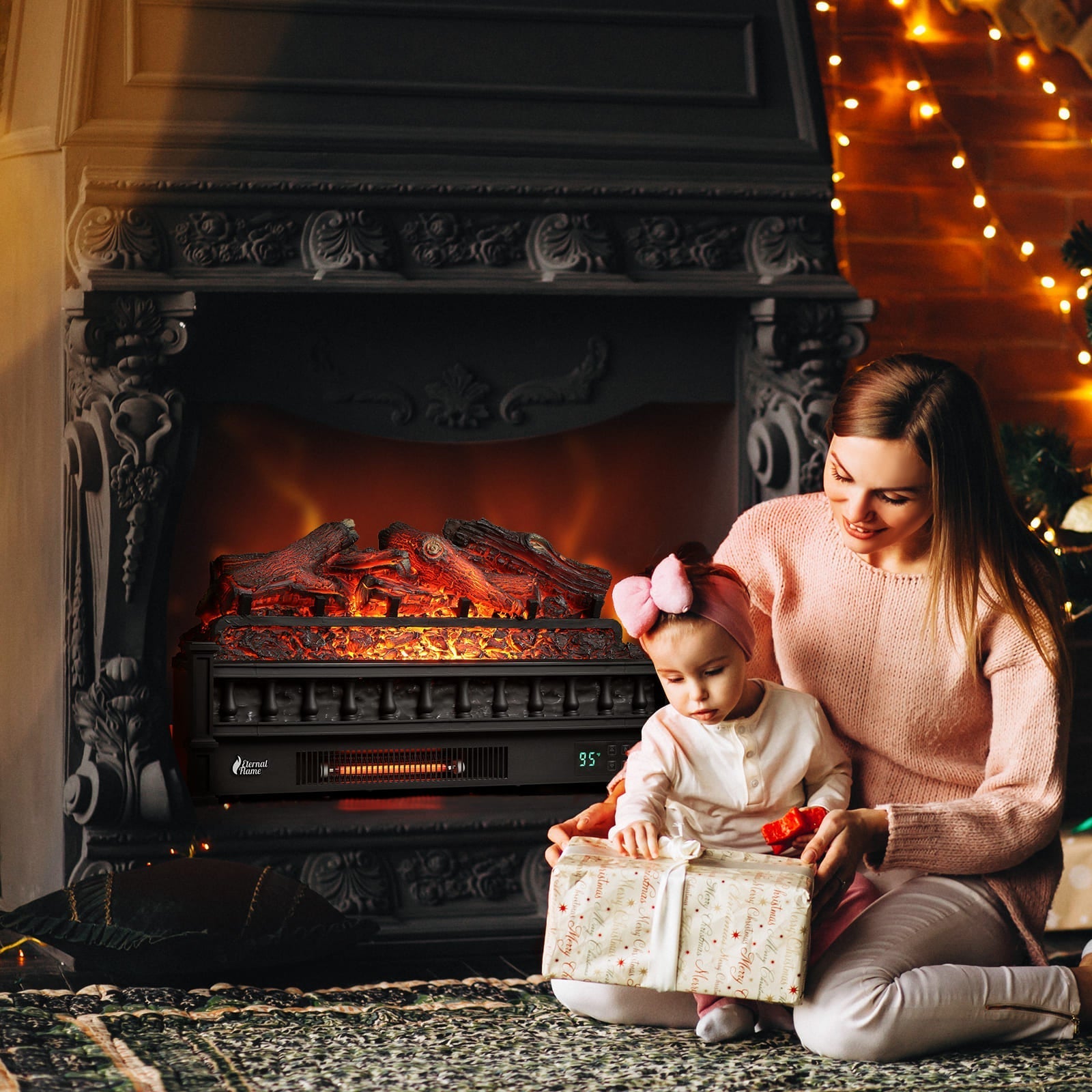 Electric fireplace with glowing log set in a home hearth, front control panel visible