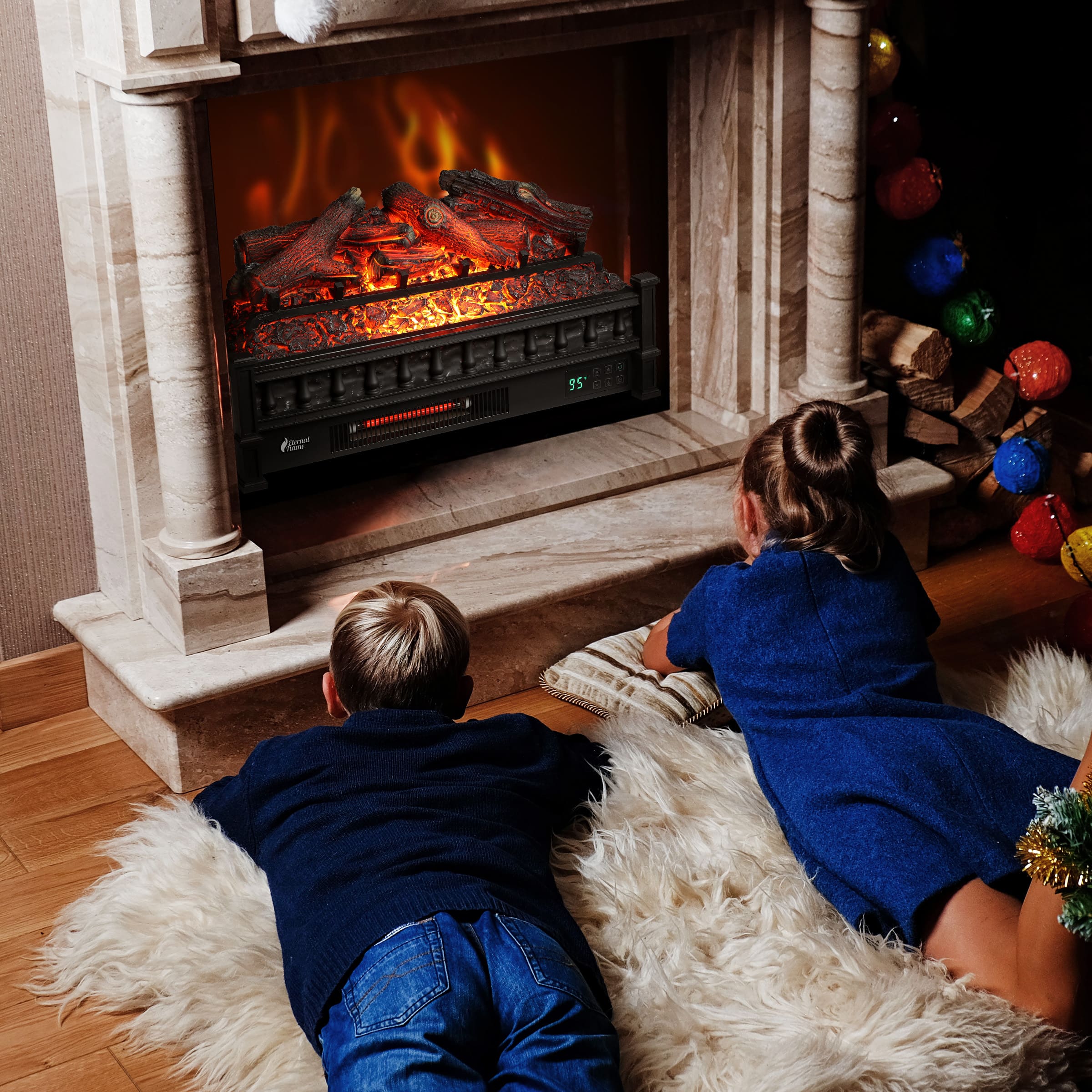 Black electric fireplace with glowing logs and front control panel in a mantel