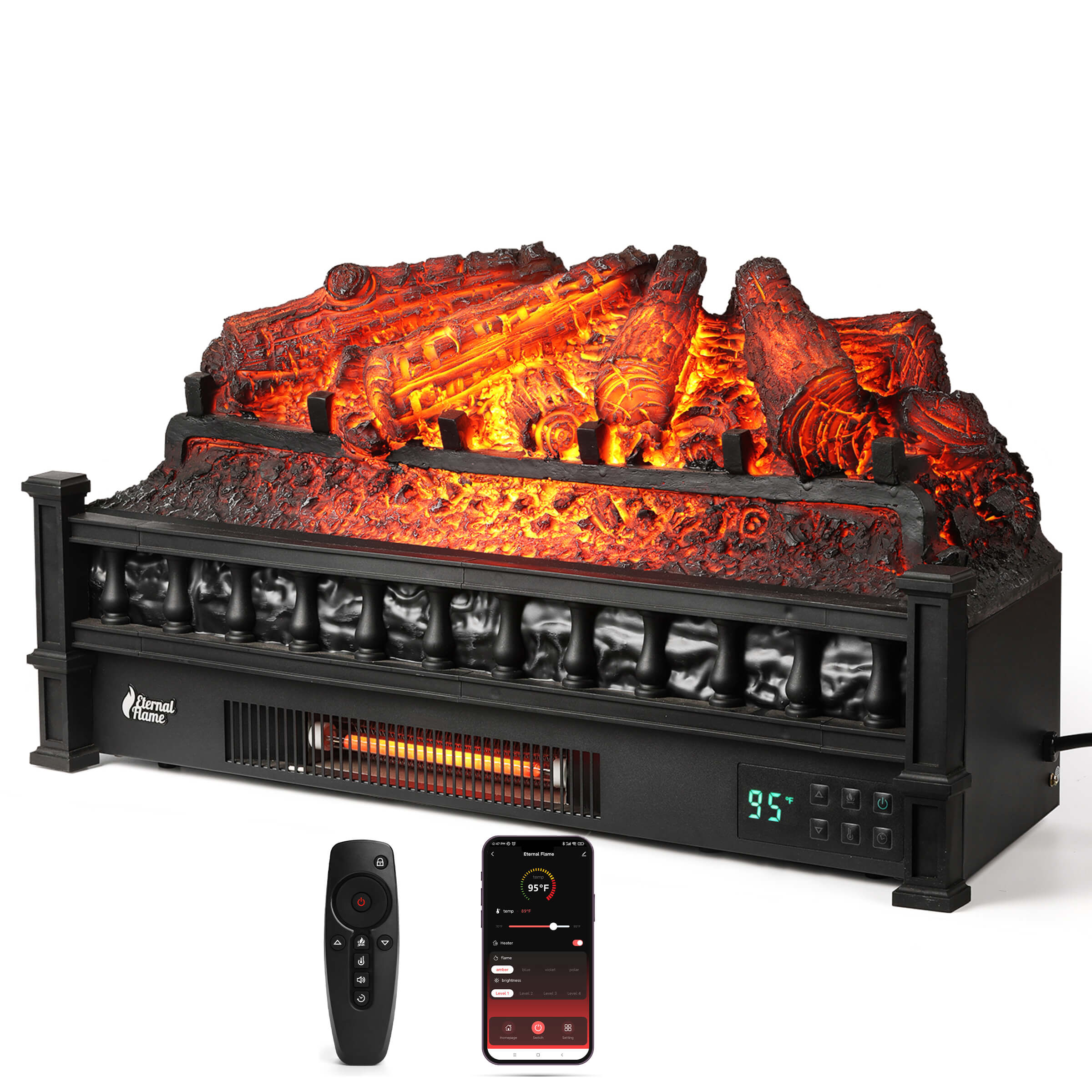 Black electric fireplace with glowing log bed, front panel display, remote and phone app