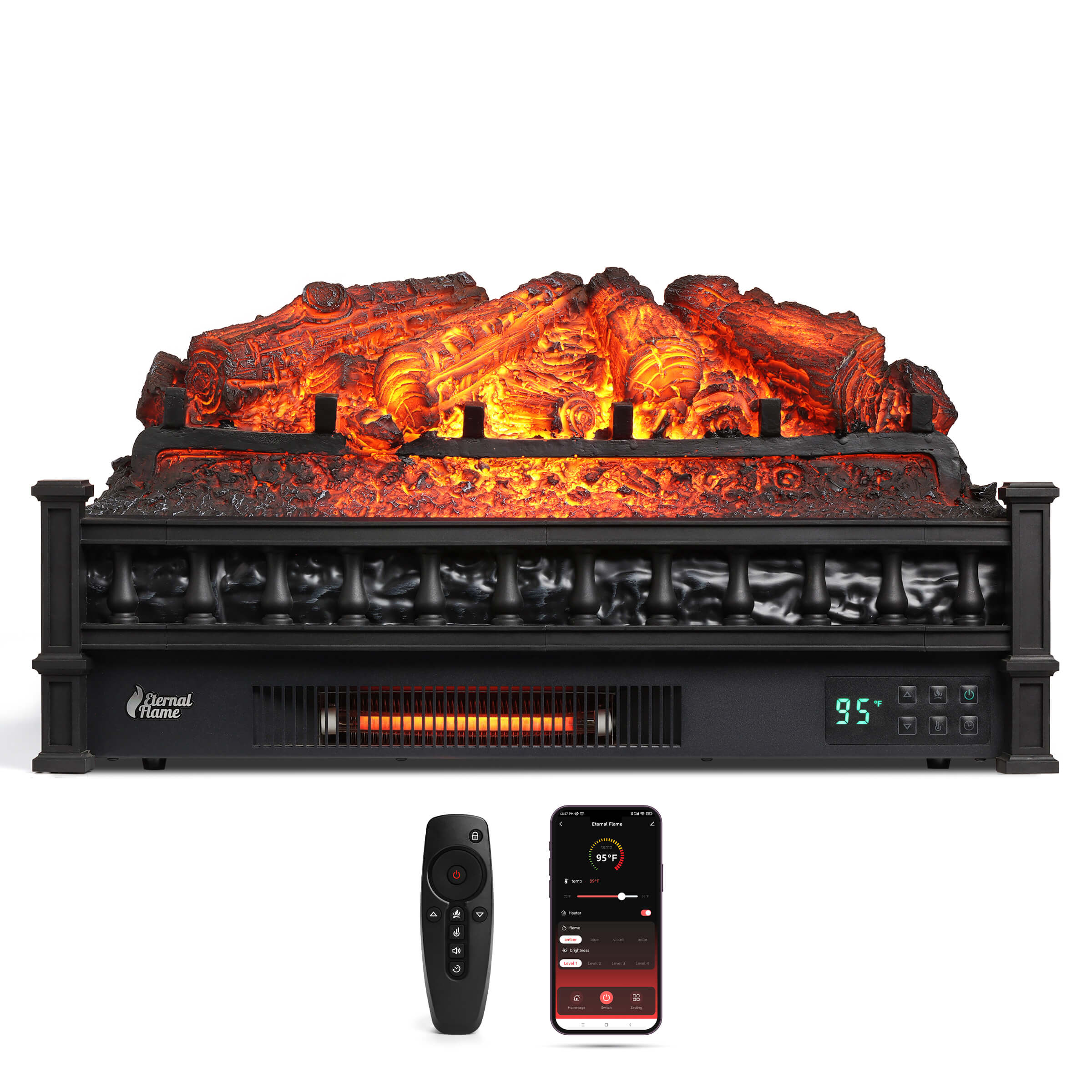 Black electric fireplace with glowing log bed and front grille, remote and phone app shown