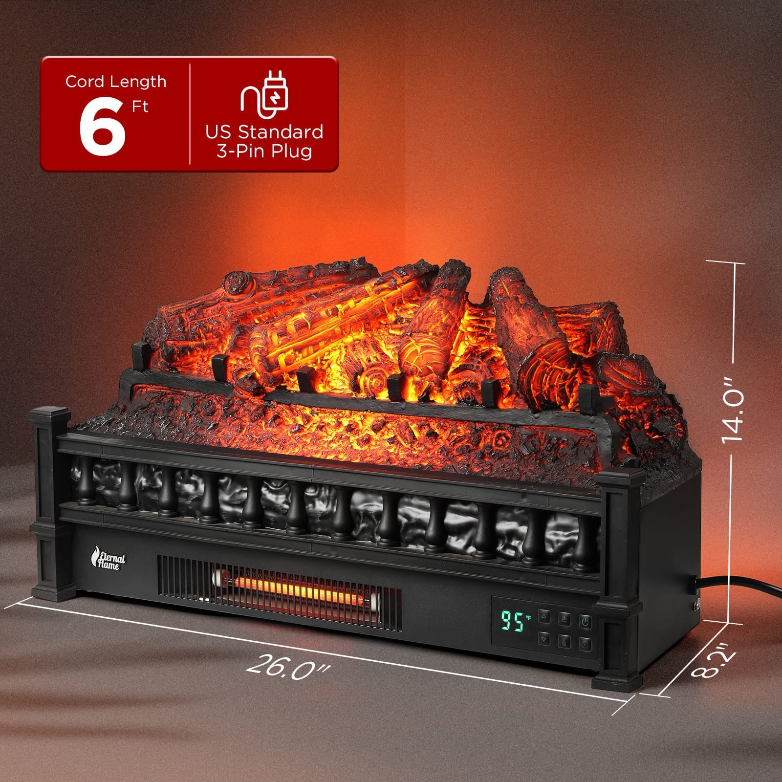 Black electric fireplace with glowing log bed and front panel display, size markings