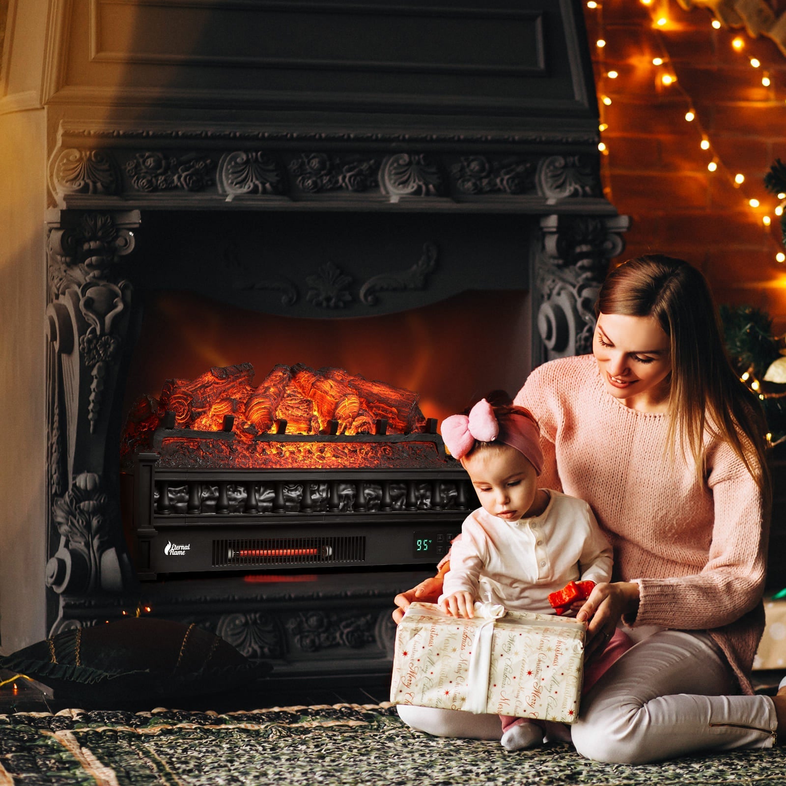 Black electric fireplace glowing inside a mantel, with log bed and front grille