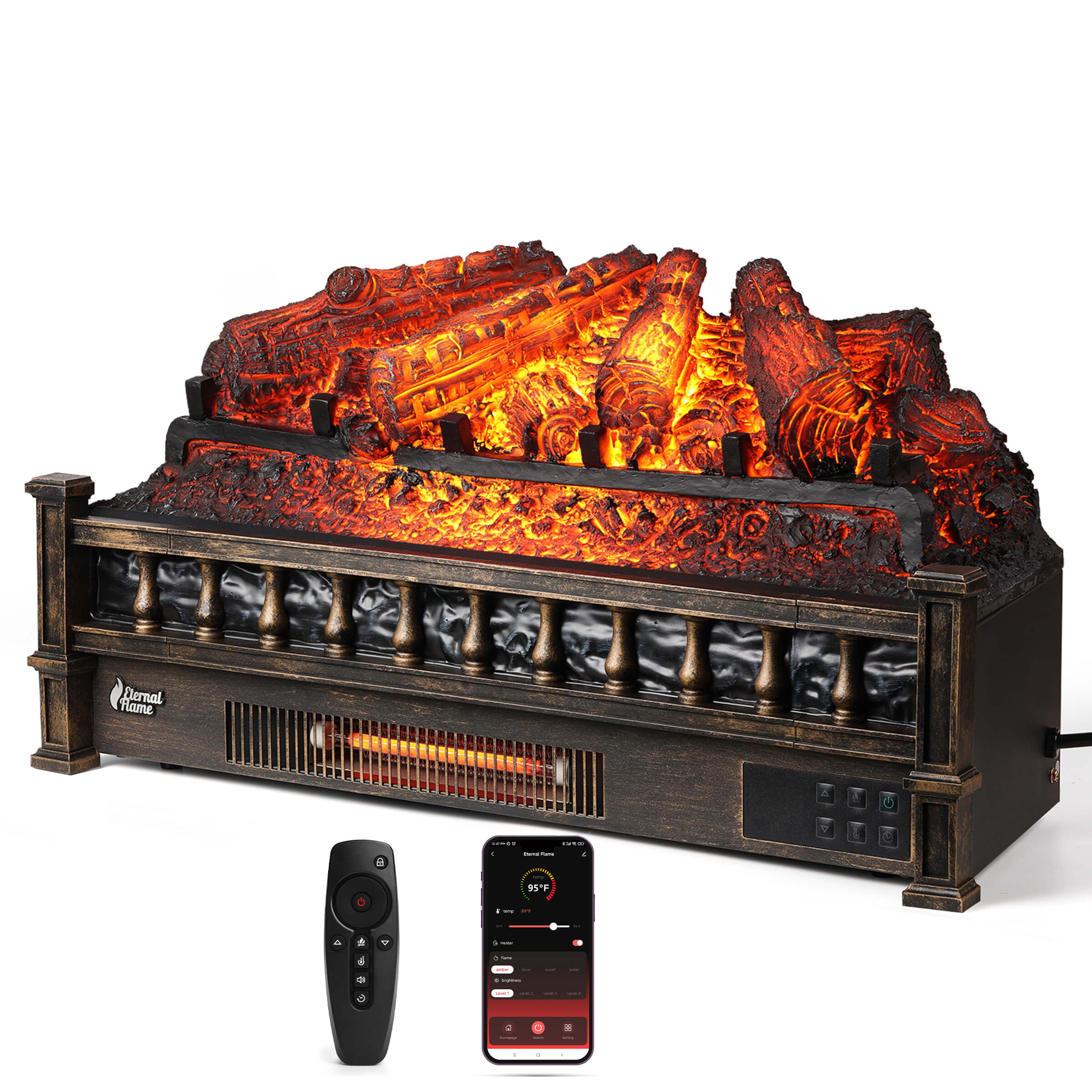 Black electric fireplace with glowing log bed, front control panel, remote and phone app