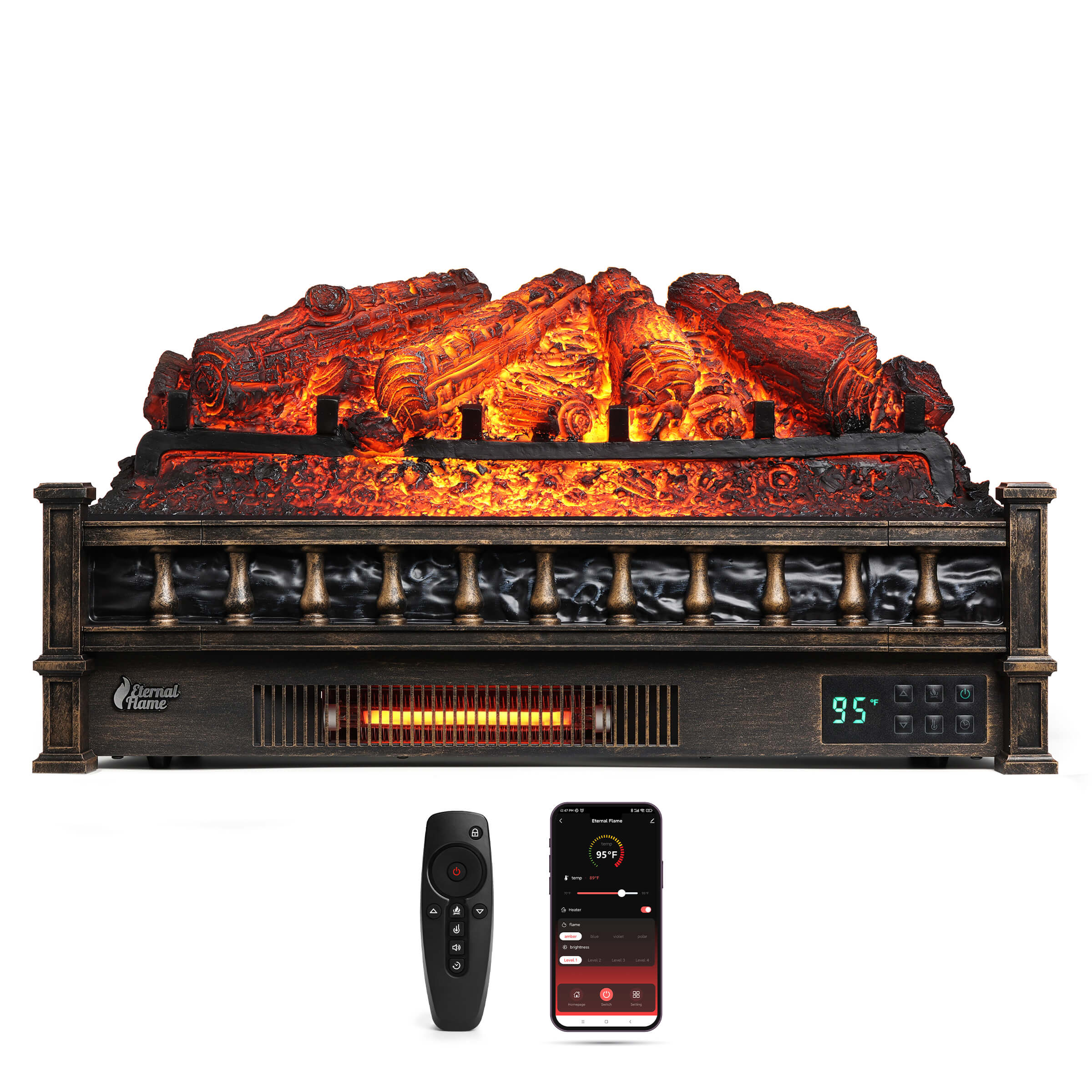 Black electric fireplace with glowing log bed, front controls, remote and phone app