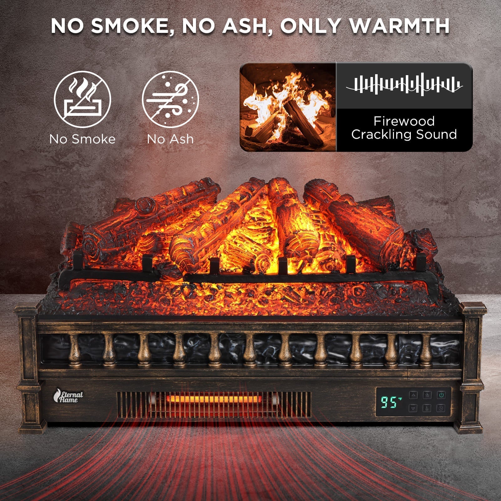 Electric fireplace log set with glowing amber flames in a dark metal frame