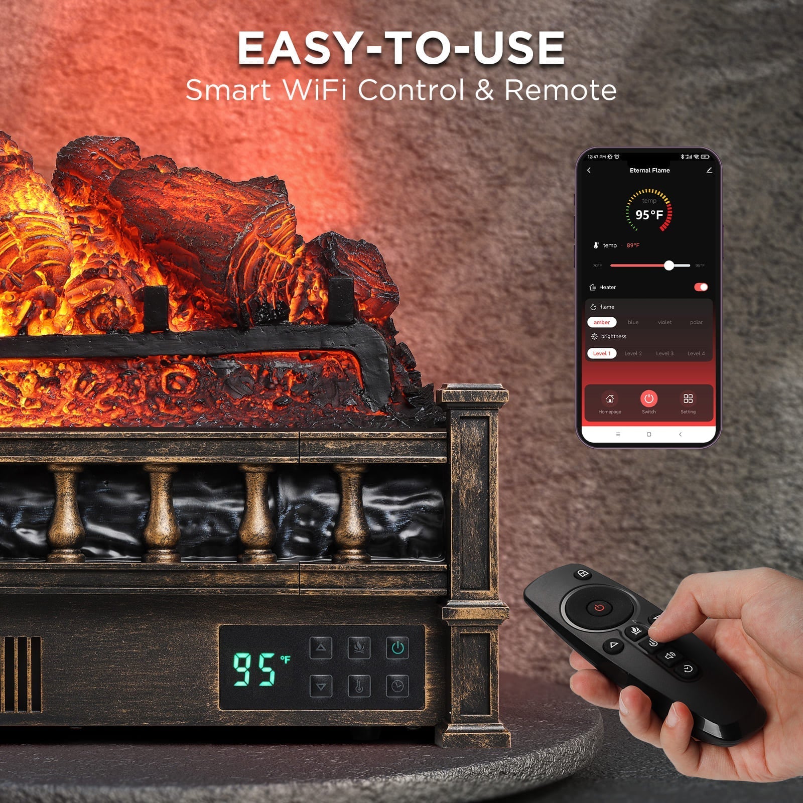 Electric fireplace log set with glowing flames, digital display, and black remote