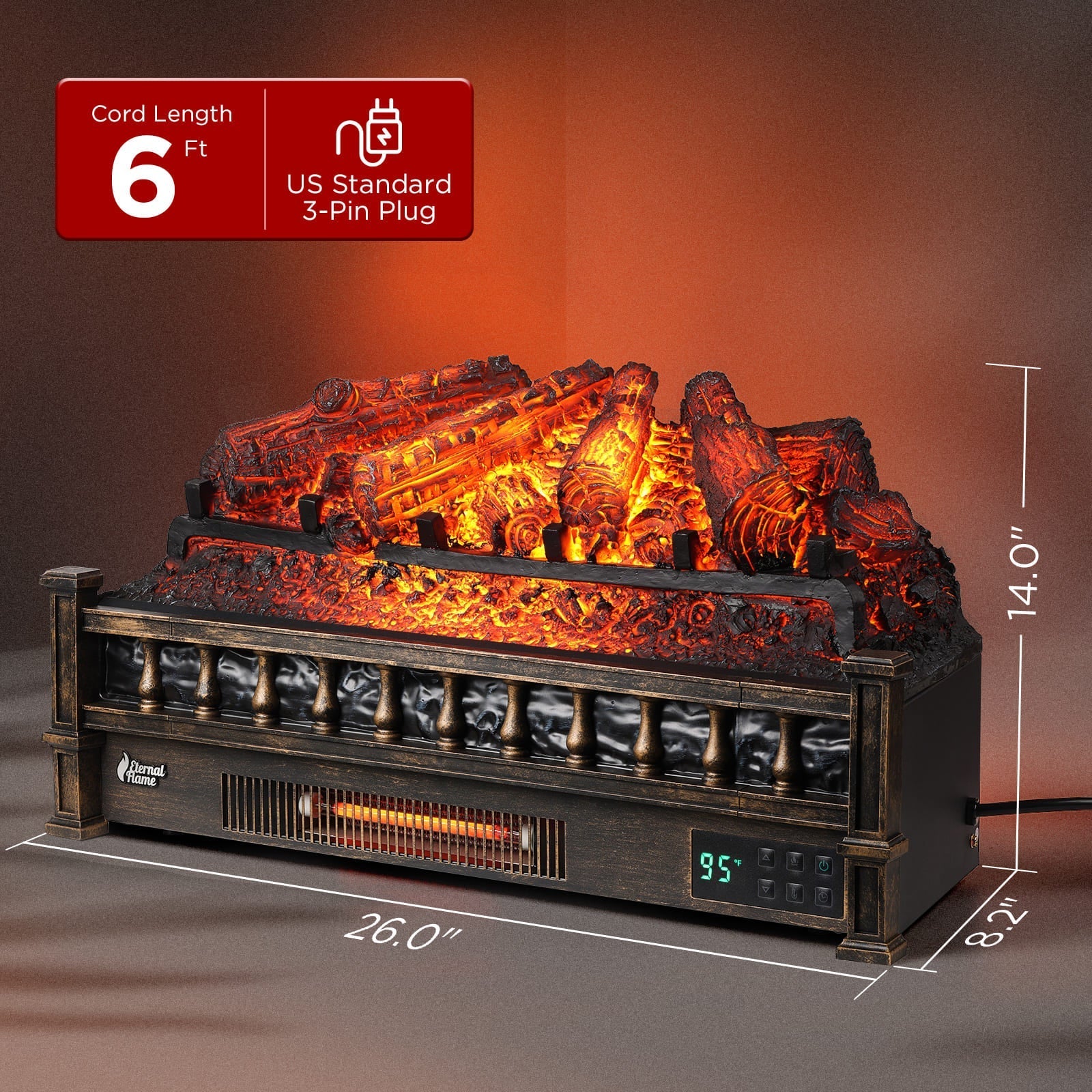 Electric fireplace log set with glowing flames and digital display, size shown