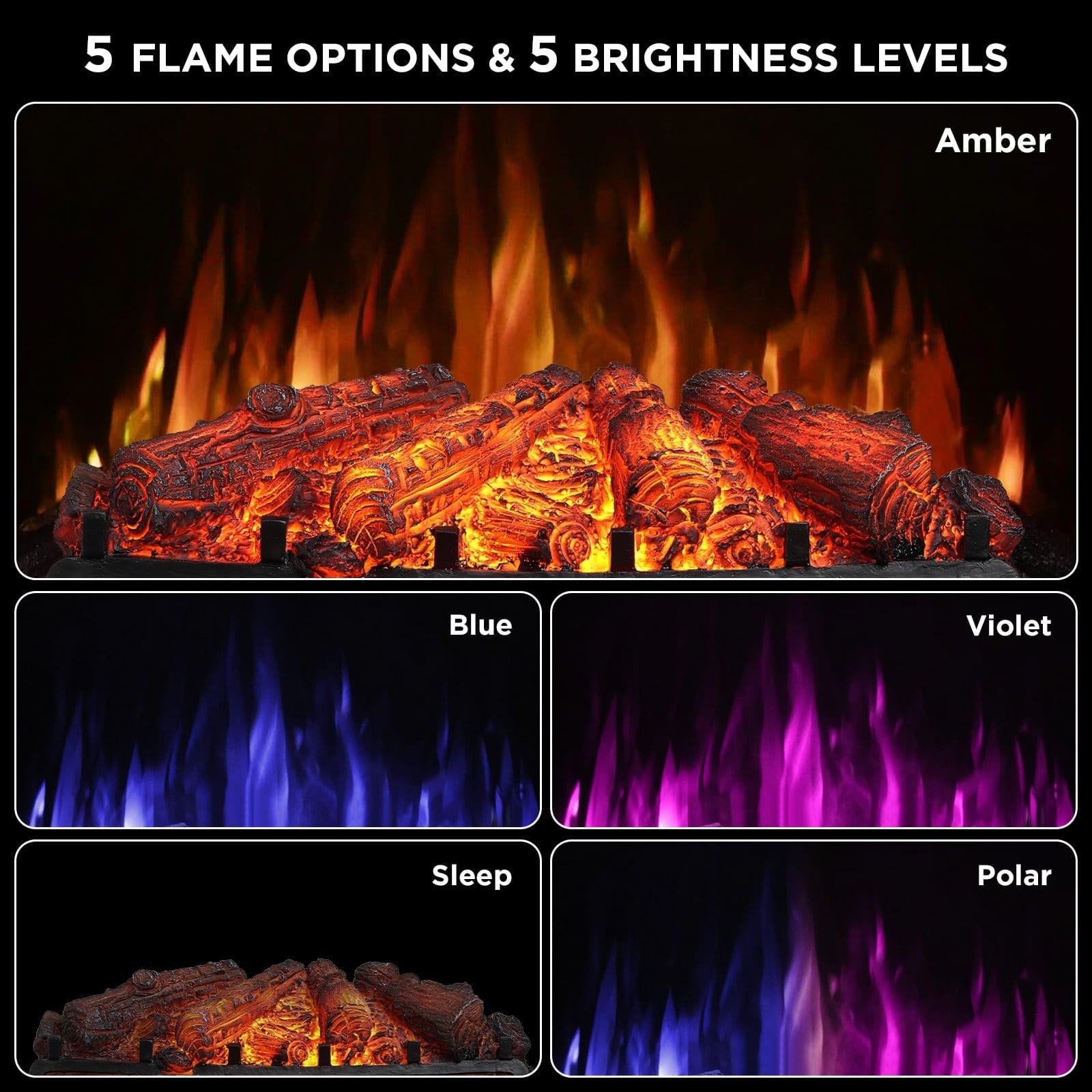 Electric fireplace flame color options: amber, blue, violet, sleep, polar