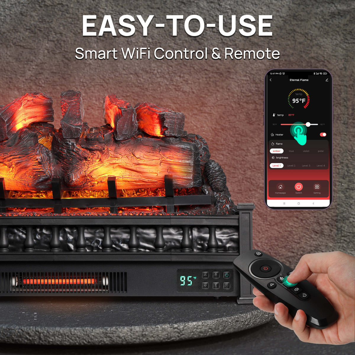 Electric fireplace with glowing logs, smart app phone screen and black remote control