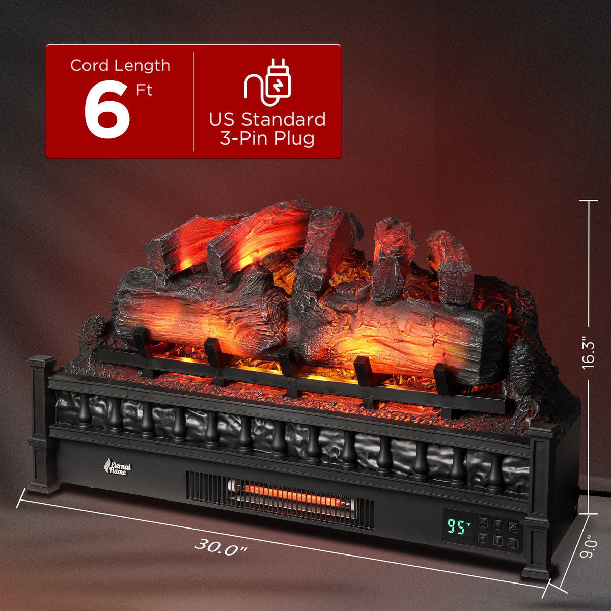 Electric fireplace with glowing log set, black cabinet, dimensions and 6 ft power cord